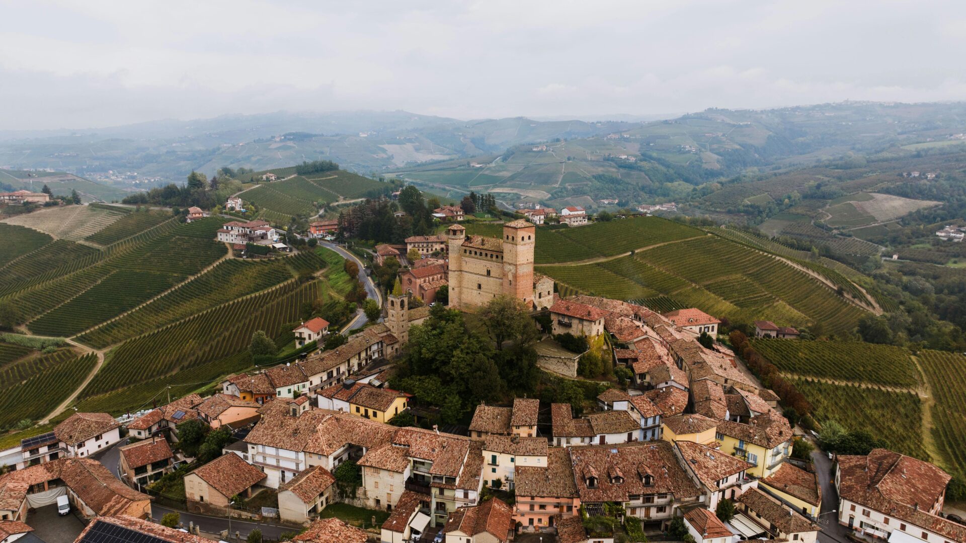 Aerial shot of the countryside in Alba, set in the Langhe region