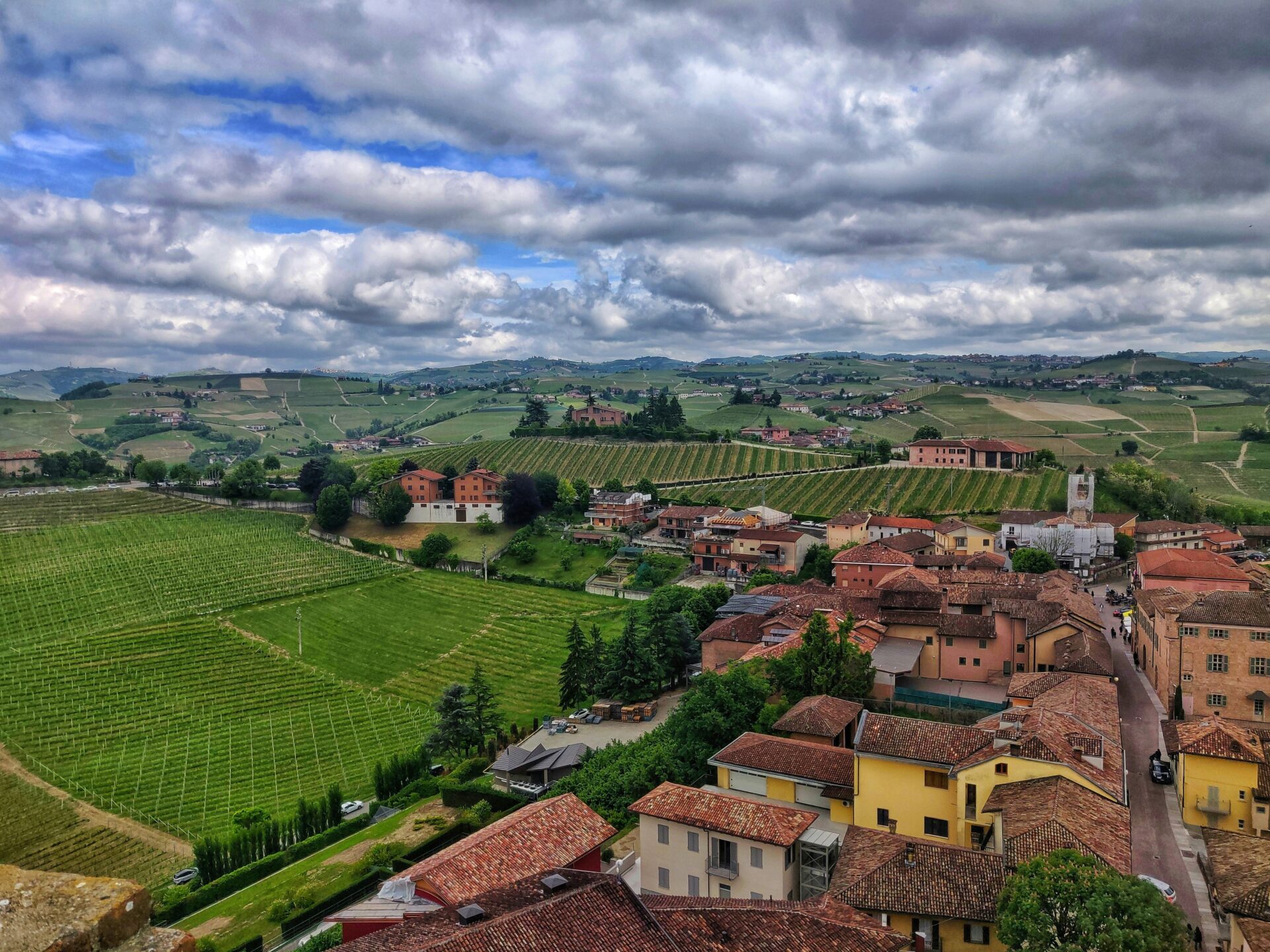 Aerial shot of the town of Barbaresco in the Langhe region