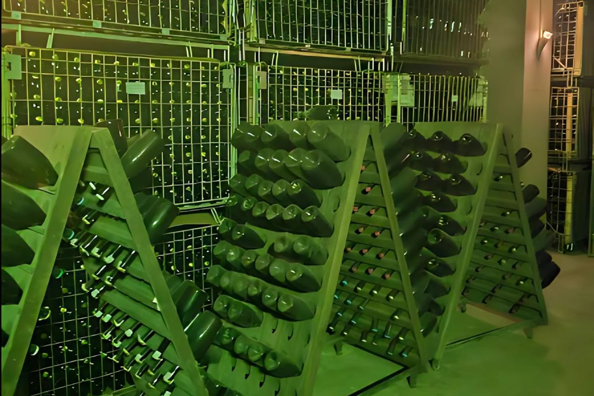 Rows of wine bottles are stored in wooden A-frame racks and metal cages at the Barone Pizzini S.Agr.P.A. winery