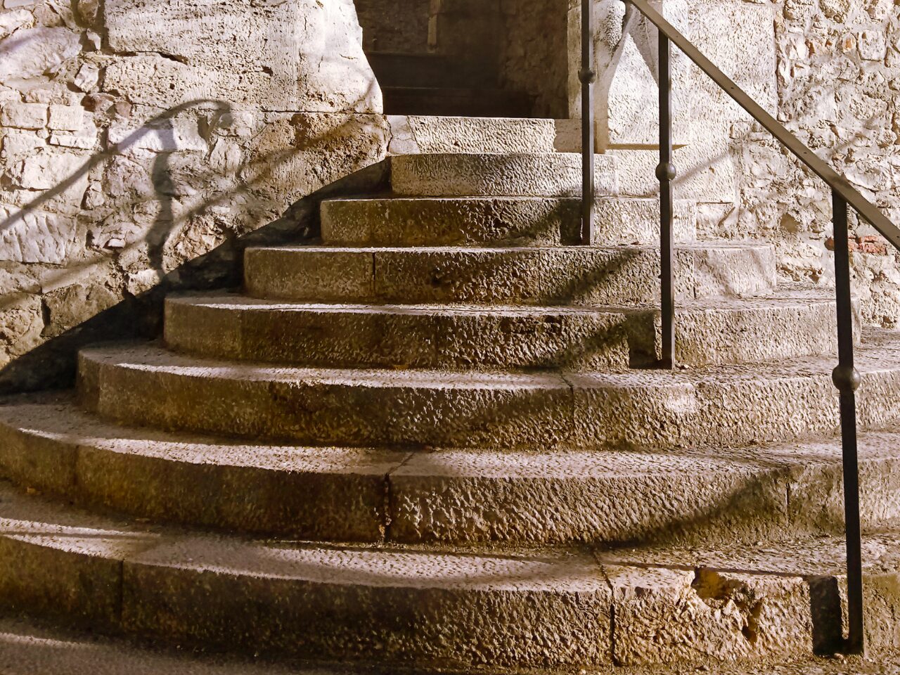 A circular staircase at a castle