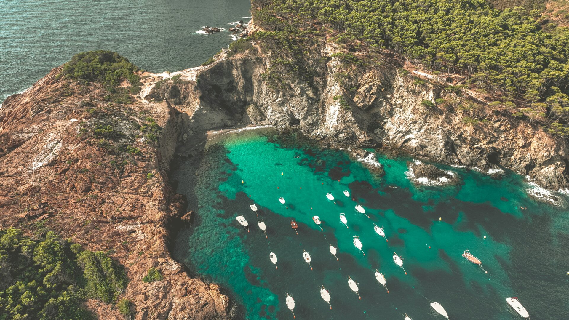 Aerial view of boats in Costa Brava, Spain