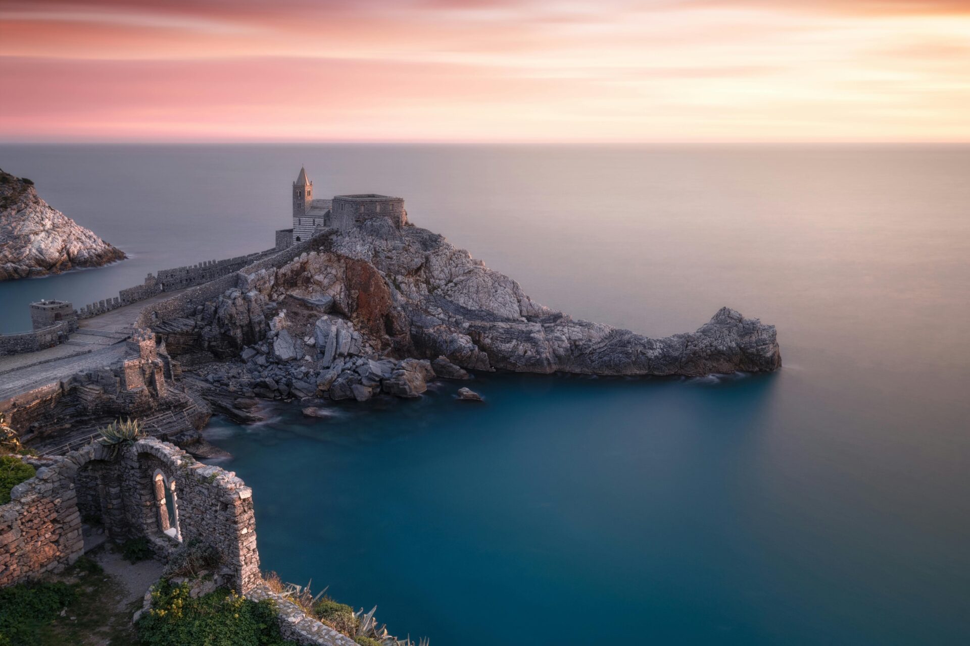 Scenic view of the Gulf of La Spezia, with calm blue waters surrounded by hills