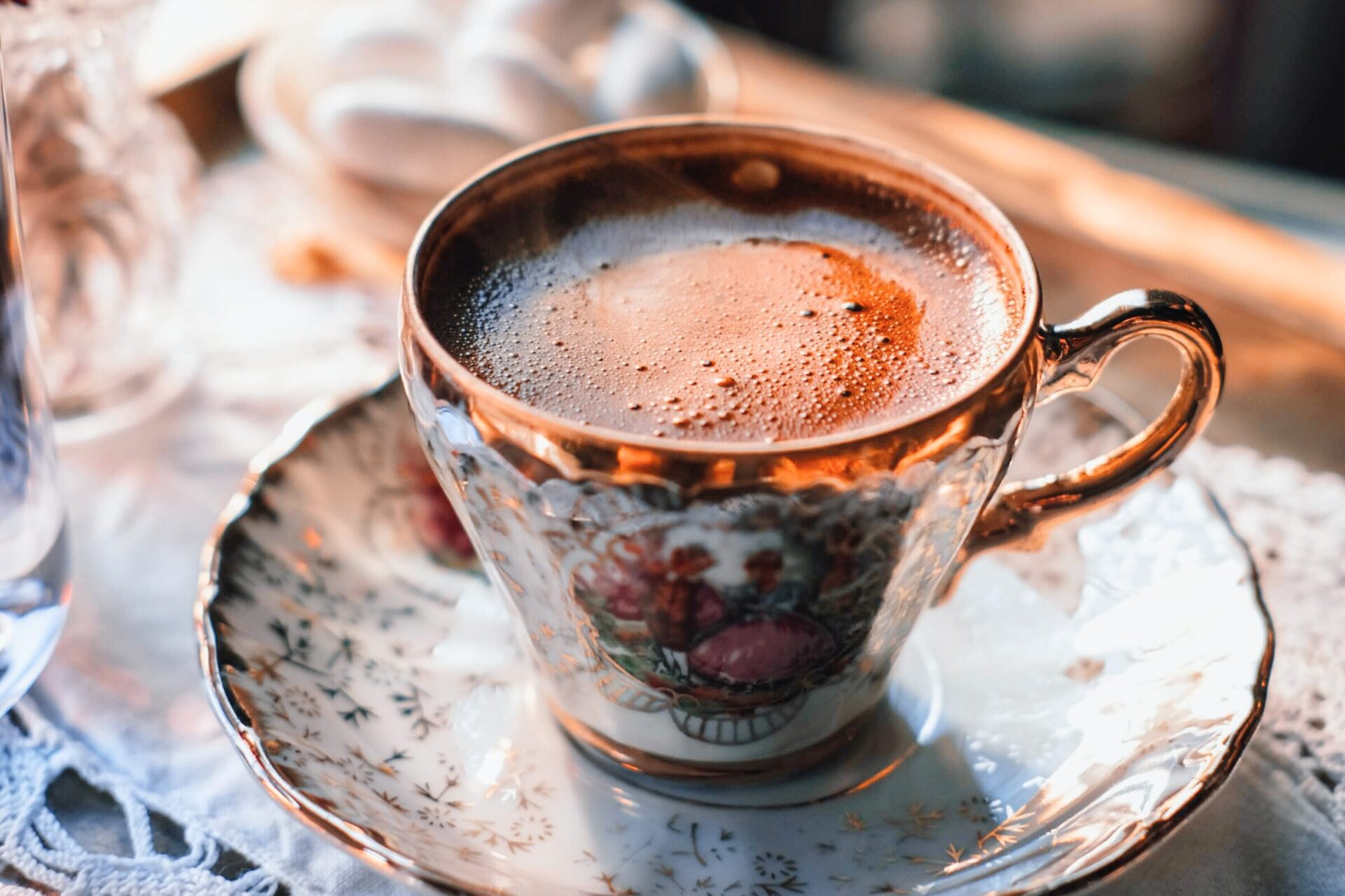 A rustic or ceramic cup of coffee or hot chocolate - alpine beverage