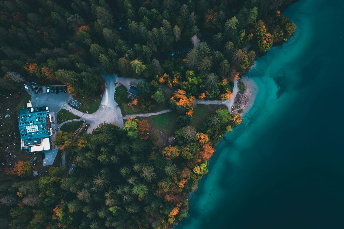 Aerial view of Lake Tovel, Italy, showcasing the turquoise lake water meeting the forested shoreline, with a building and parking area visible among the trees.