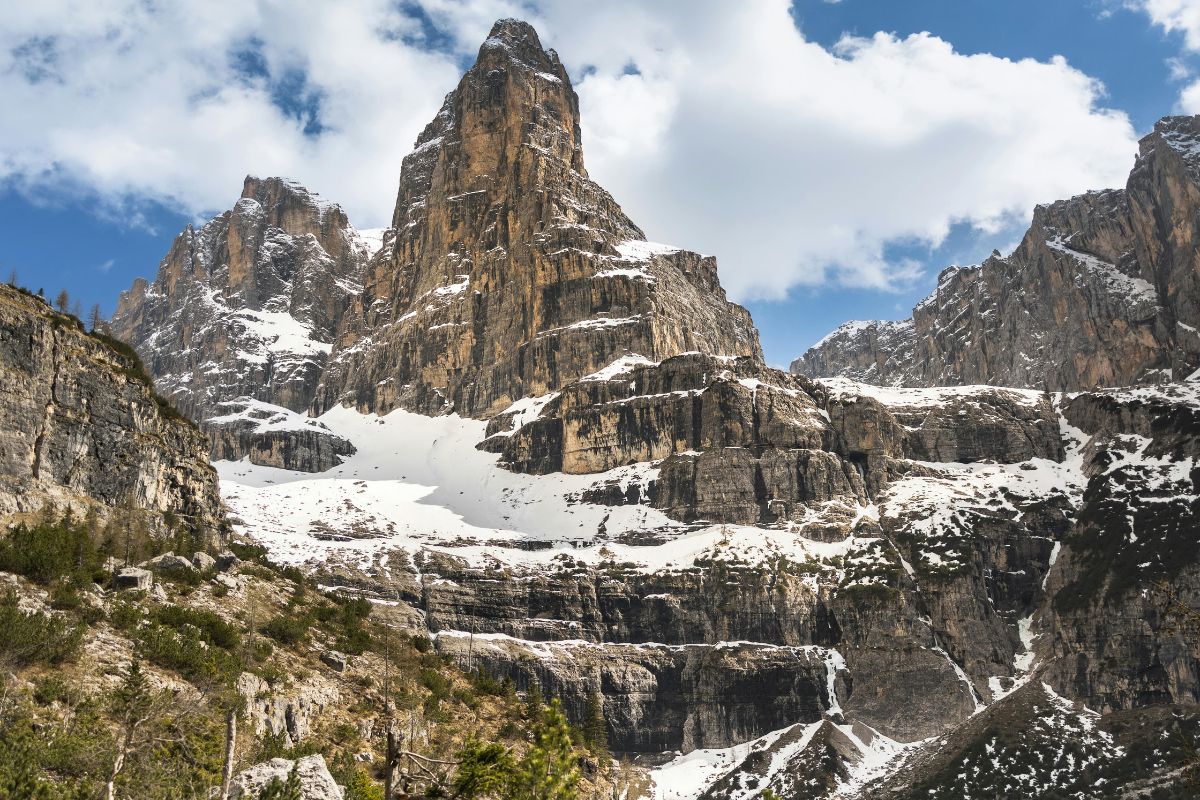 Snow-capped peaks of the Brenta Dolomites in Madonna di Campiglio, Italy, rise against a partly cloudy sky. The rocky, layered mountains show patches of snow and some vegetation at lower elevations.