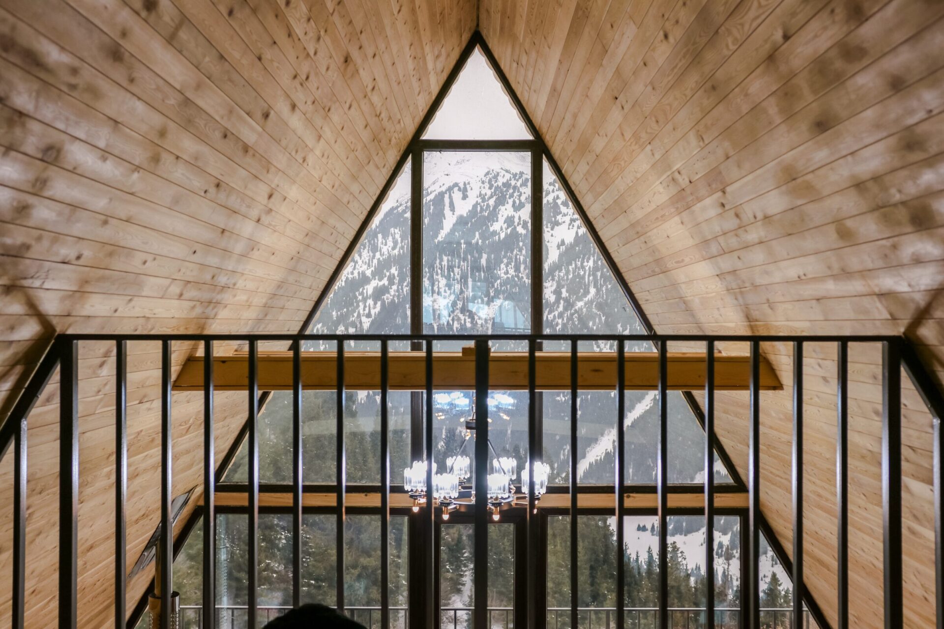 A balcony view inside a chalet. Alpine view. Italian alps.