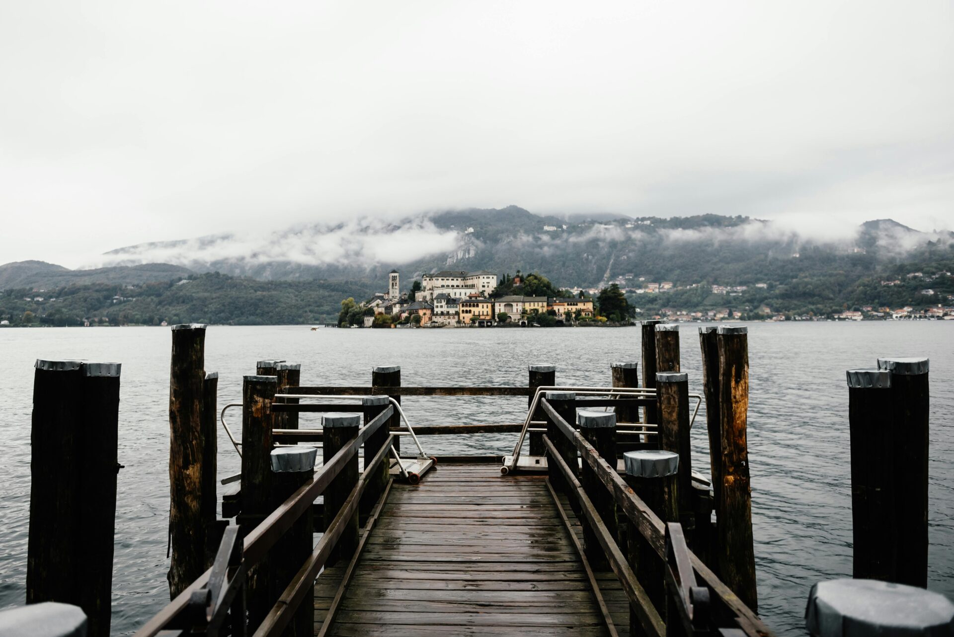 View of San Giulio Island on Lake Orta, near Turin, Italy