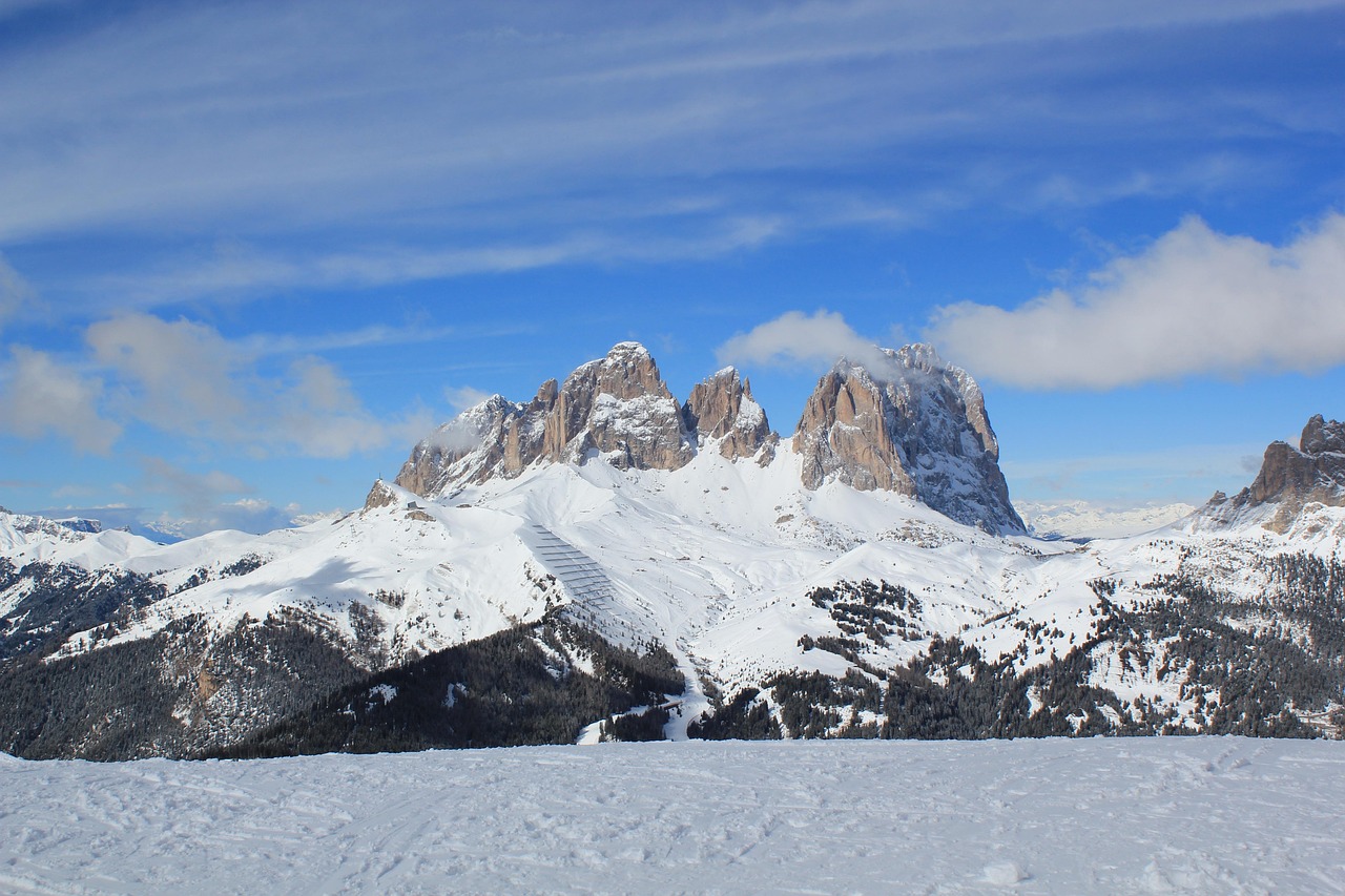 Sellaronda Italy. Dolomites in winter. Snow landscape. Ski area in Italy.