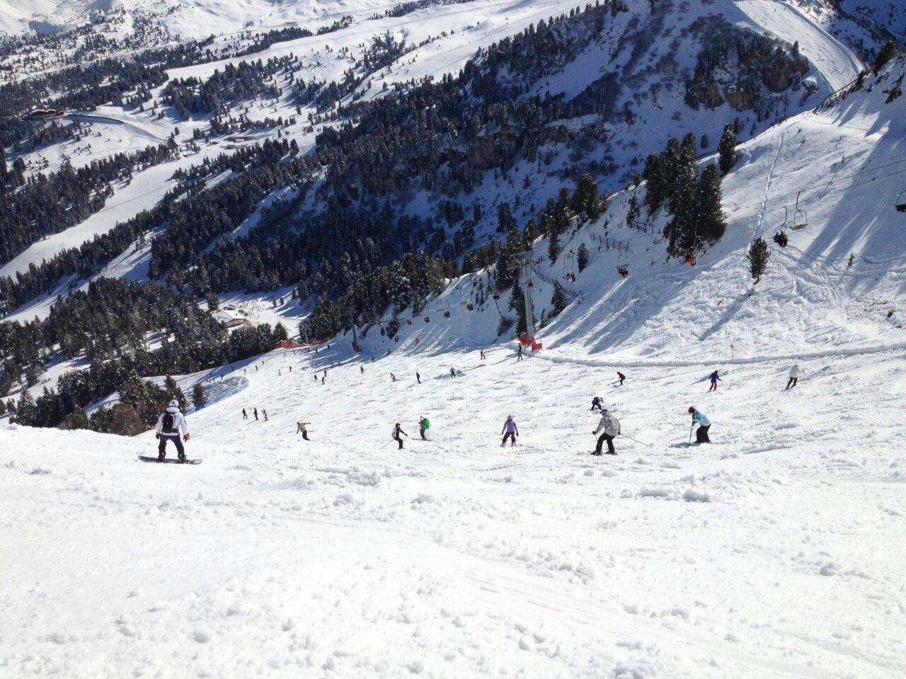 People skiing at a Ski Resort in Selva di Val Gardena, Italy. Winter in Italy.