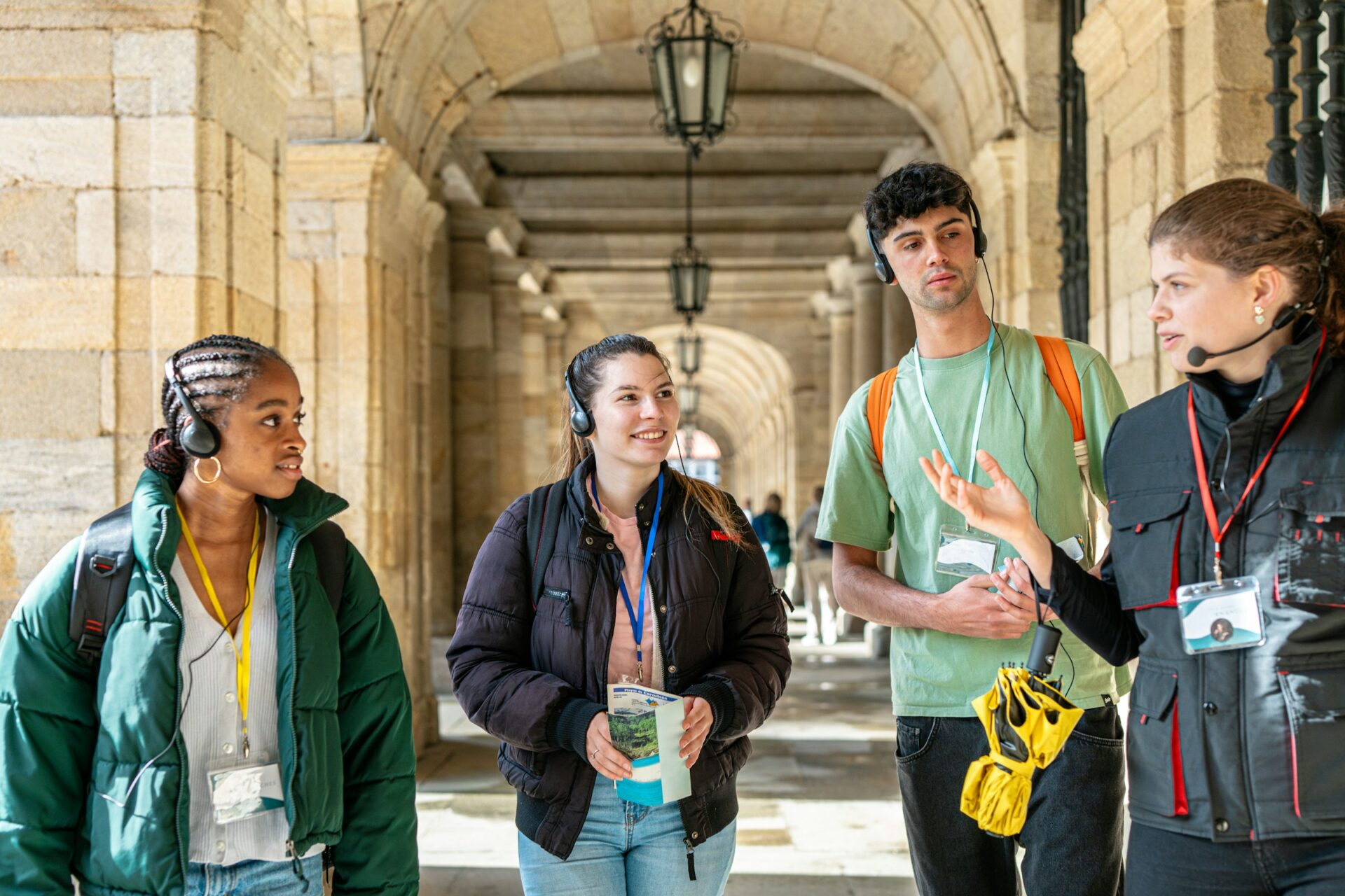 A tour guide (woman) explaining to guests