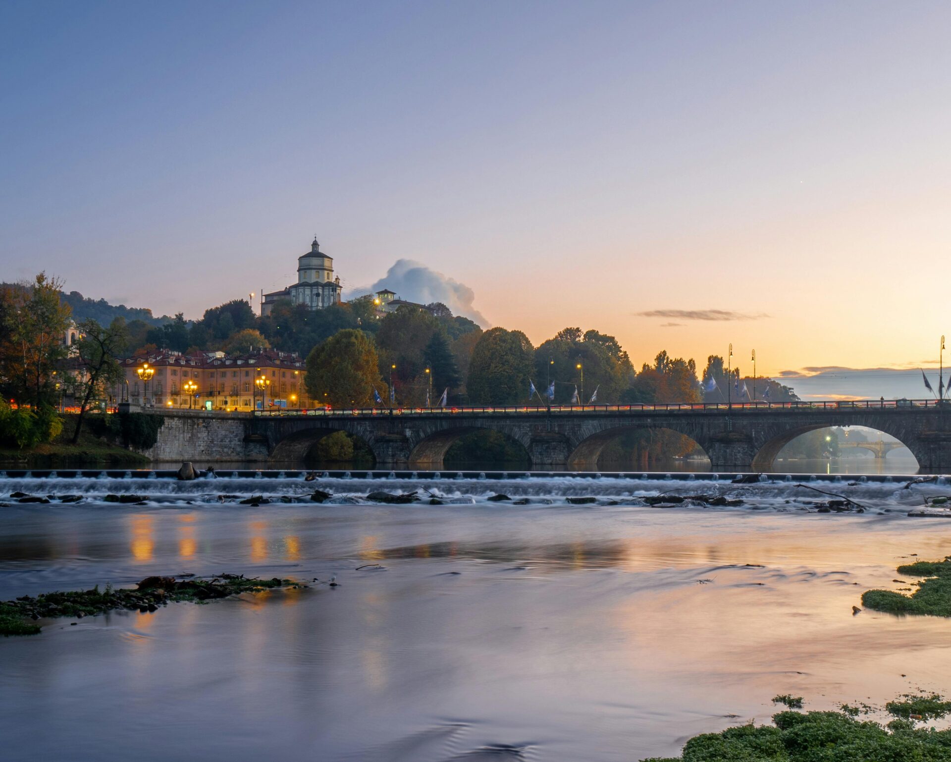 Scenic view of Monte dei Cappuccini and the Vittorio Emanuele I Bridge in Turin, Italy