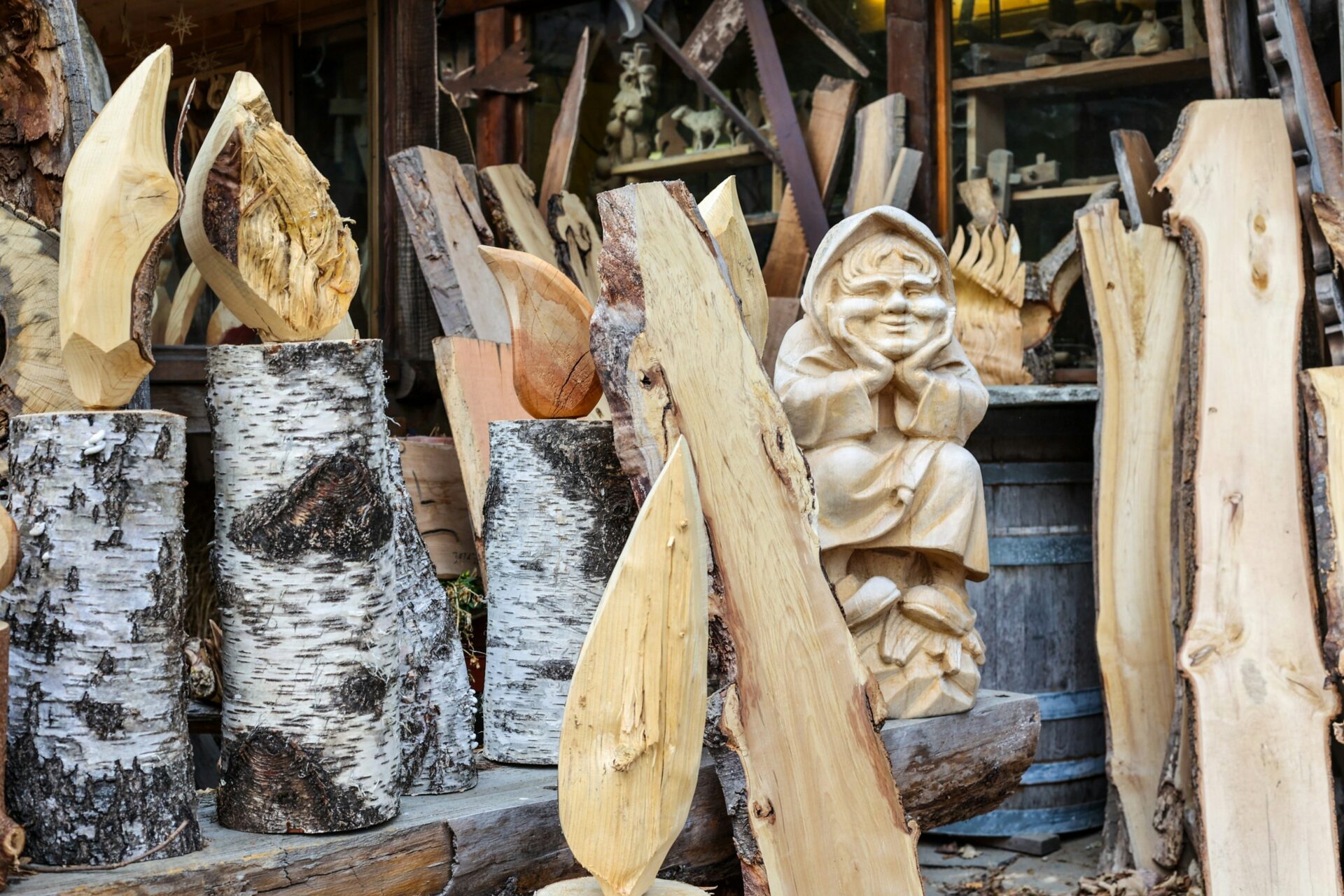Woodcarving or woodworking tools and a wood figure