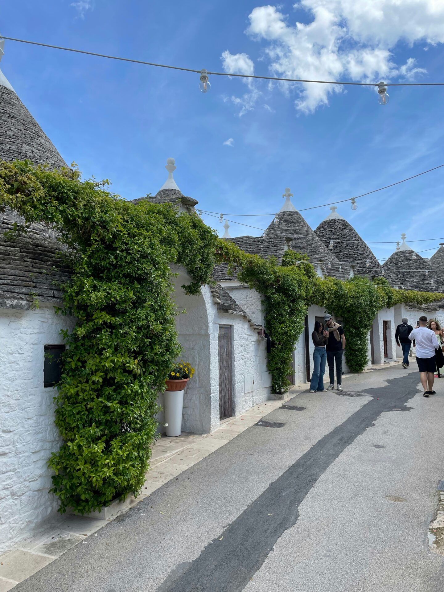 Traditional trulli houses in Alberobello with whitewashed walls and conical stone roofs, set along a charming cobblestone street.