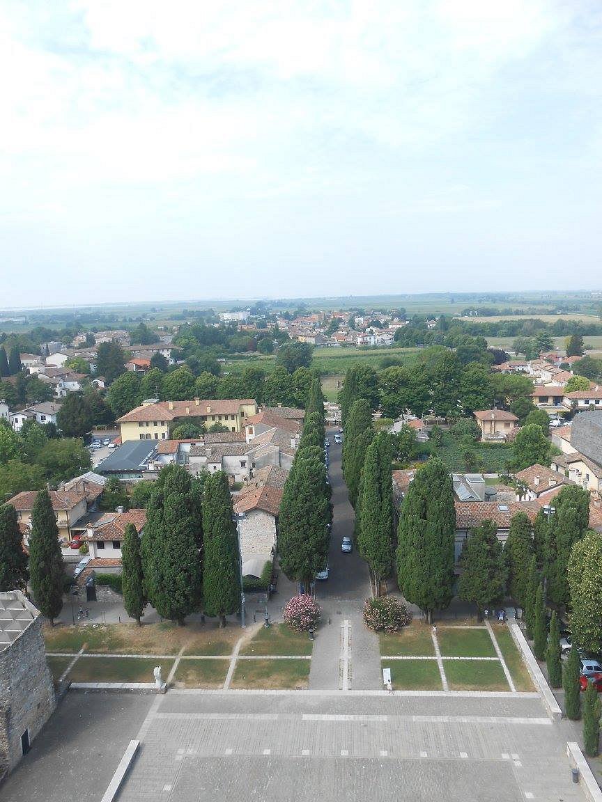 Aerial view of Aquileia, Italy, showing tree-lined streets, red-roofed houses, and green countryside stretching into the distance under a lightly clouded sky.
