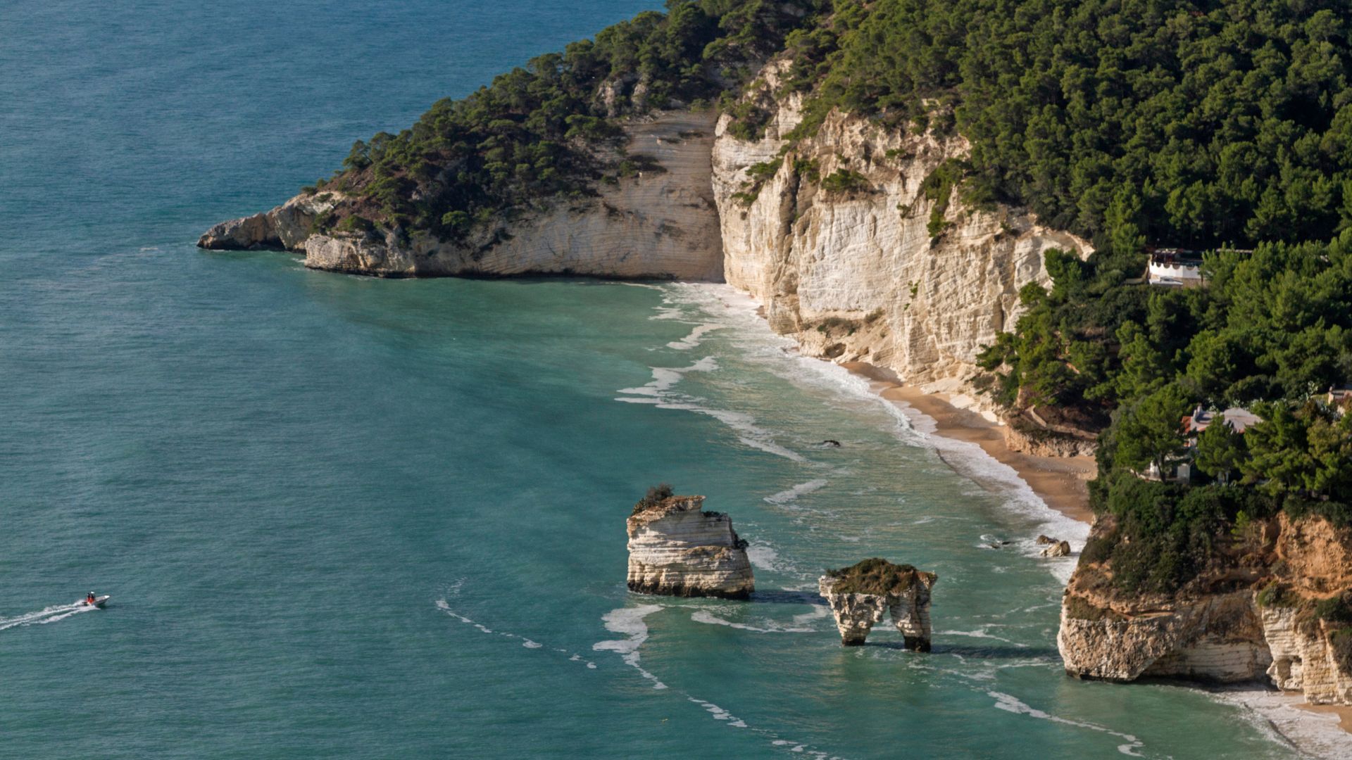 Aerial view of Baia dei Mergoli, a beach within Gargano National Park featuring white cliffs, green vegetation, and turquoise water with rock formations.