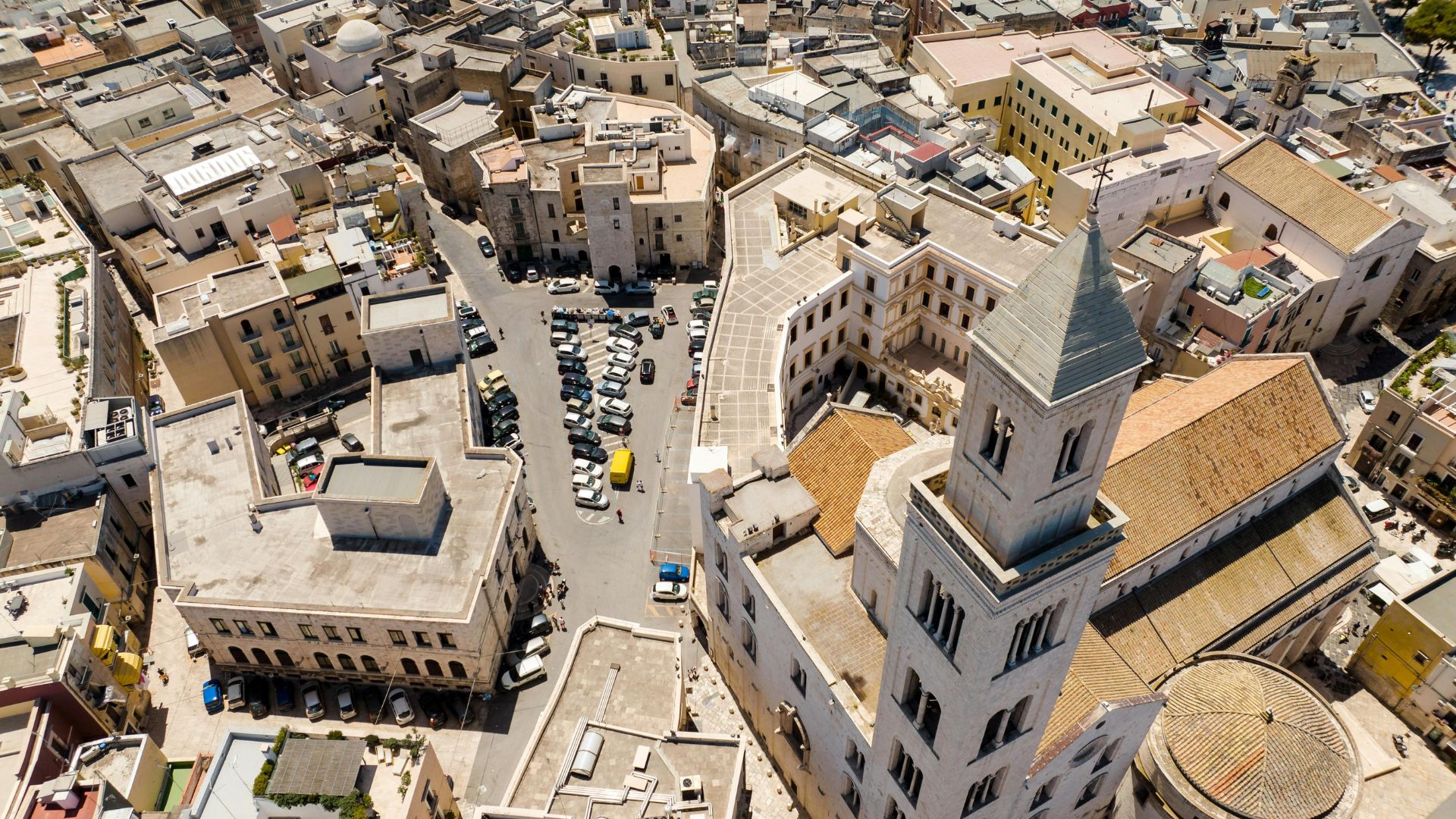 Image shows aerial view of the town Bari Vecchia, Italy.