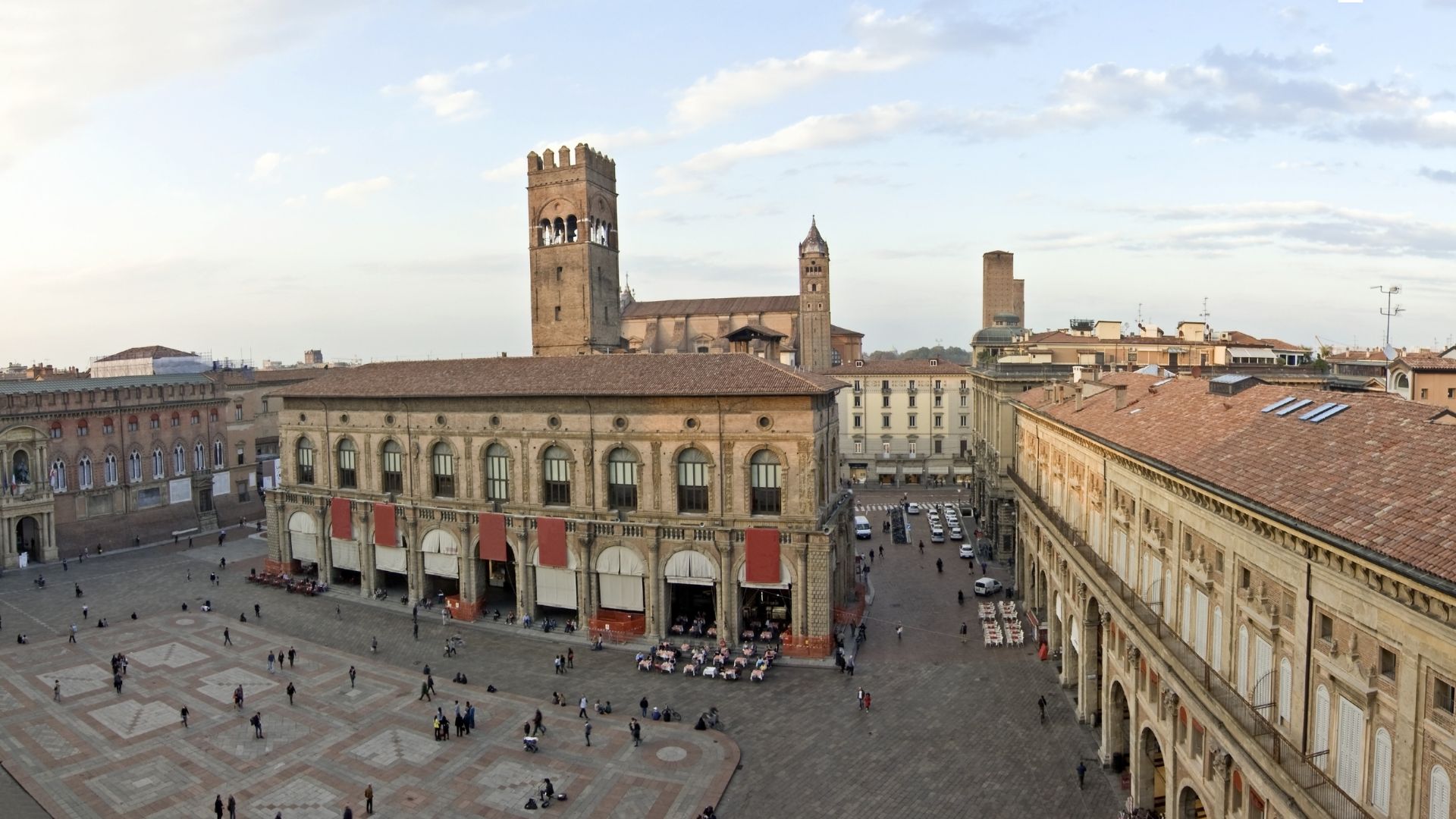 Aerial view of Bologna's Piazza Maggiore. 