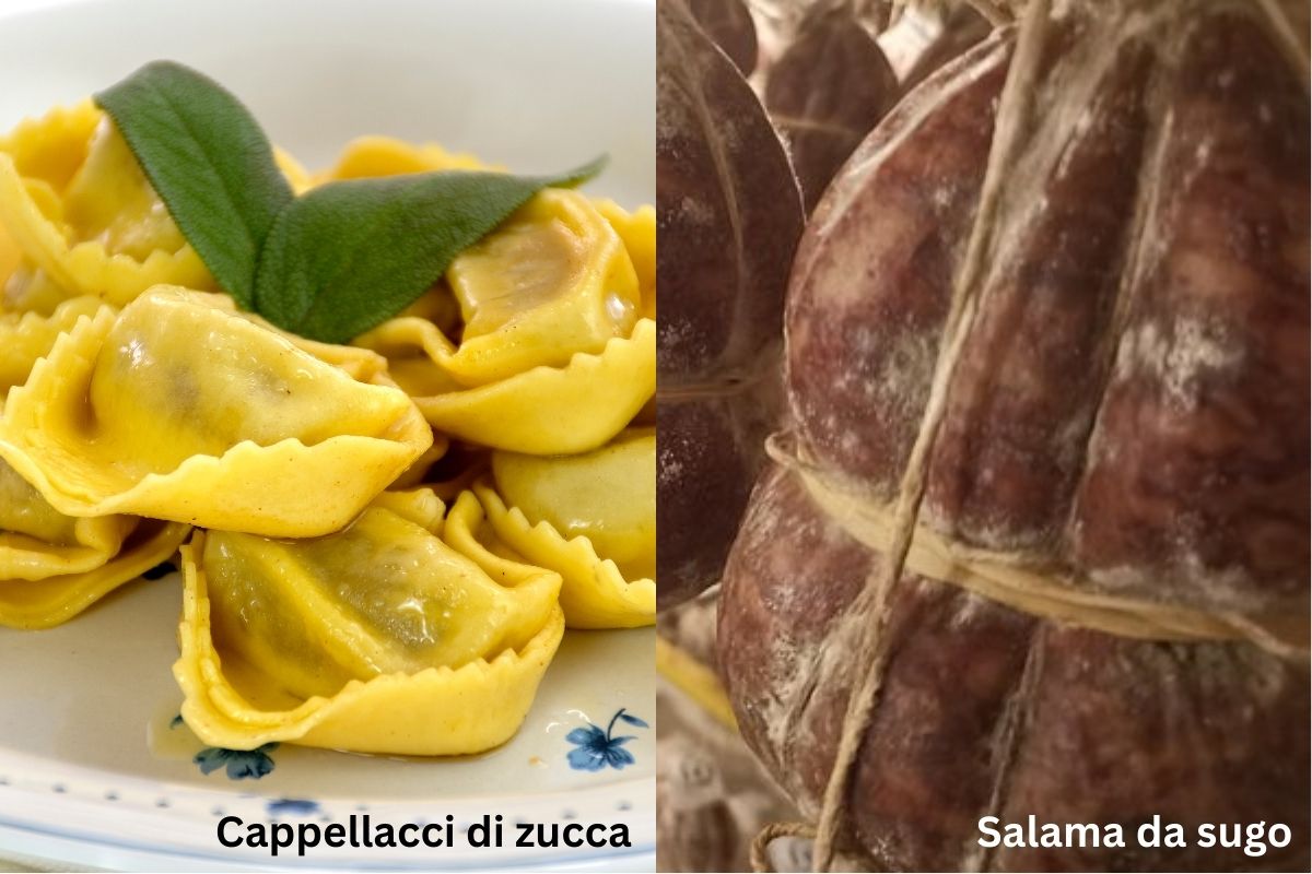 Image of Cappellacci di zucca on the left and Salama da sugo on the right