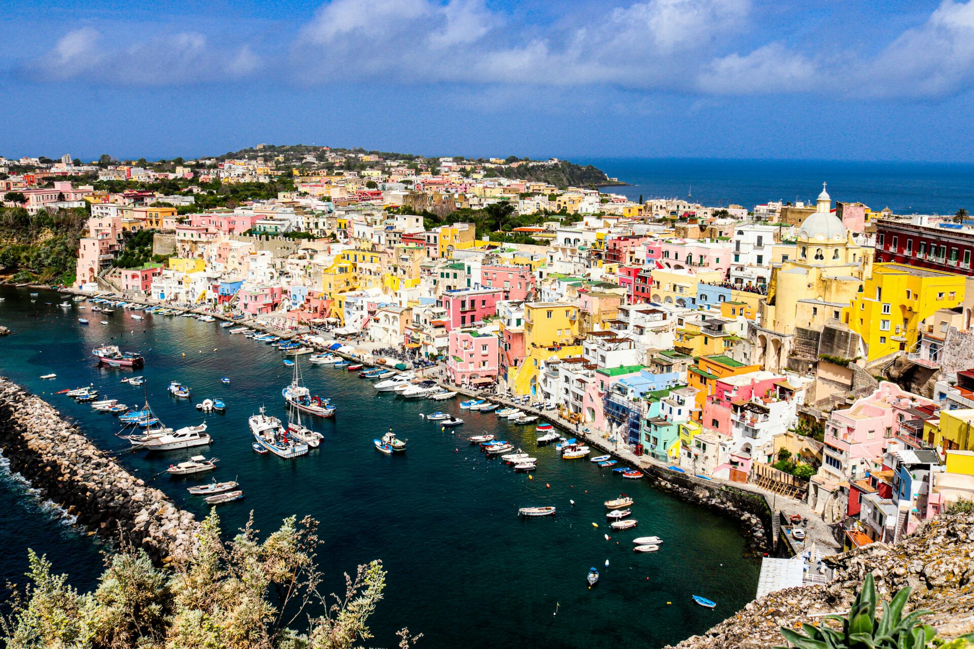 Bird’s-eye view of Procida, a charming Italian island with vibrant houses