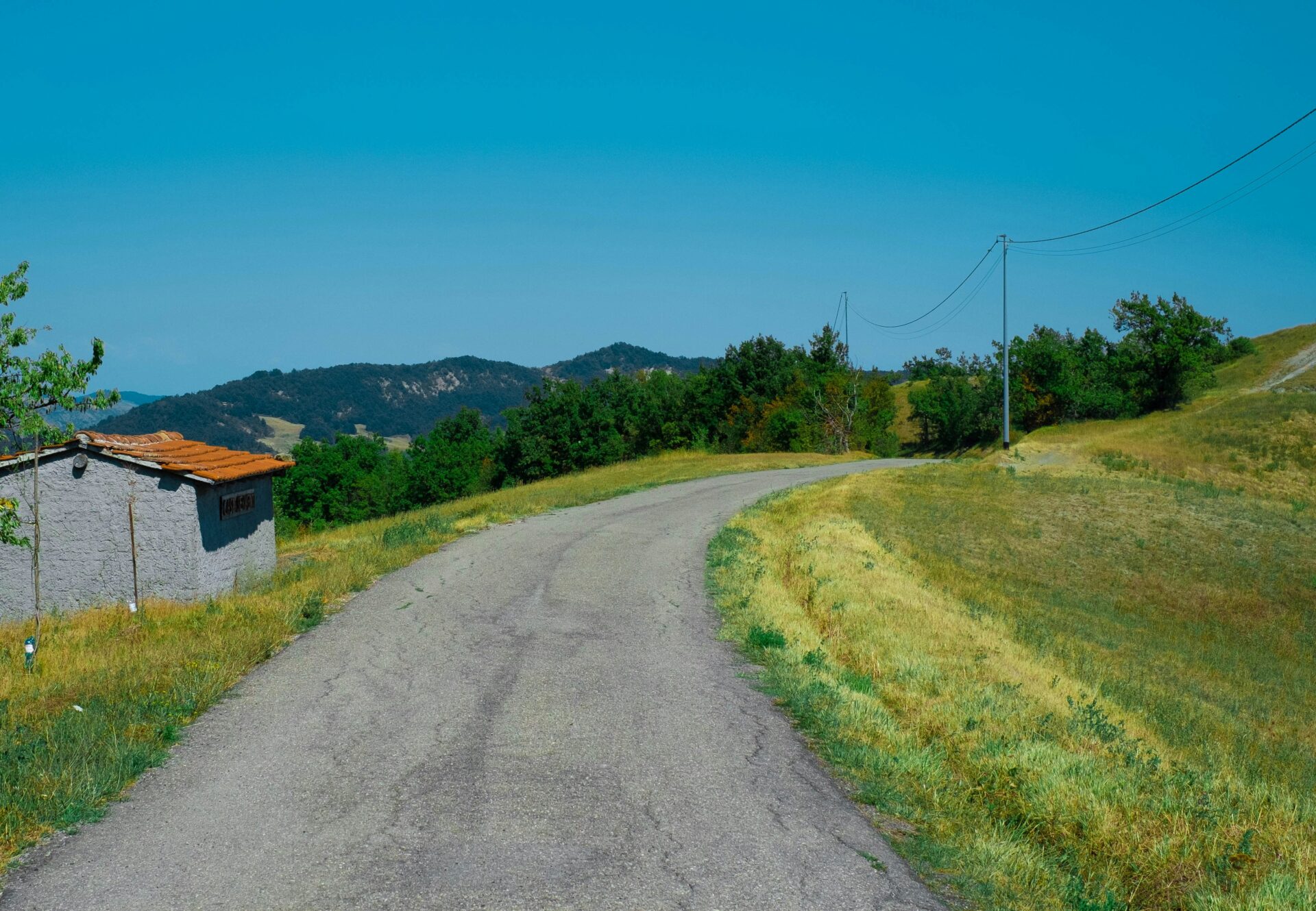 Scenic country road in Emilia-Romagna, Italy, surrounded by rolling hills, lush vineyards, and picturesque countryside landscapes