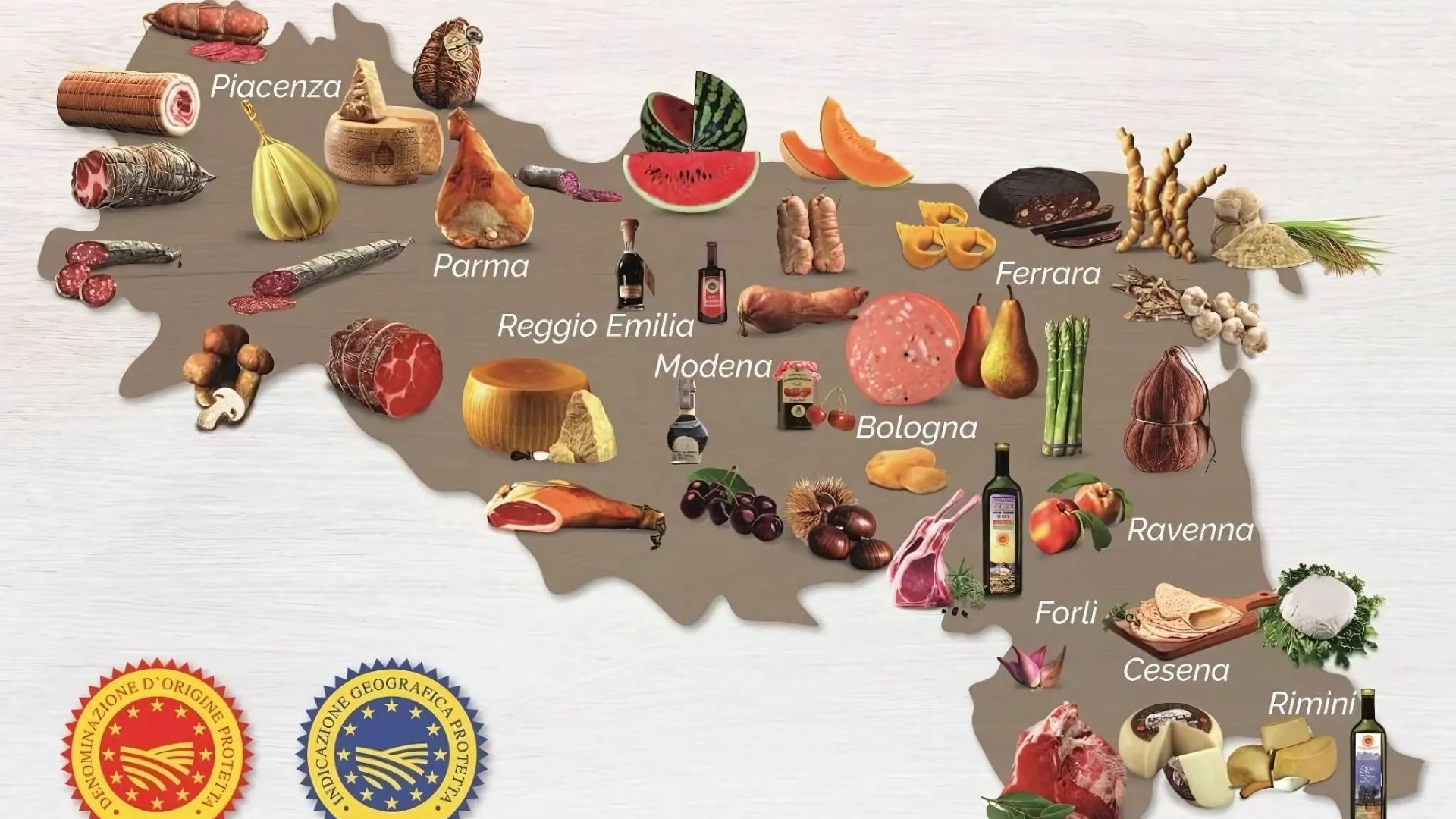 Emilia-Romagna region map displaying regional food specialties and product designations.