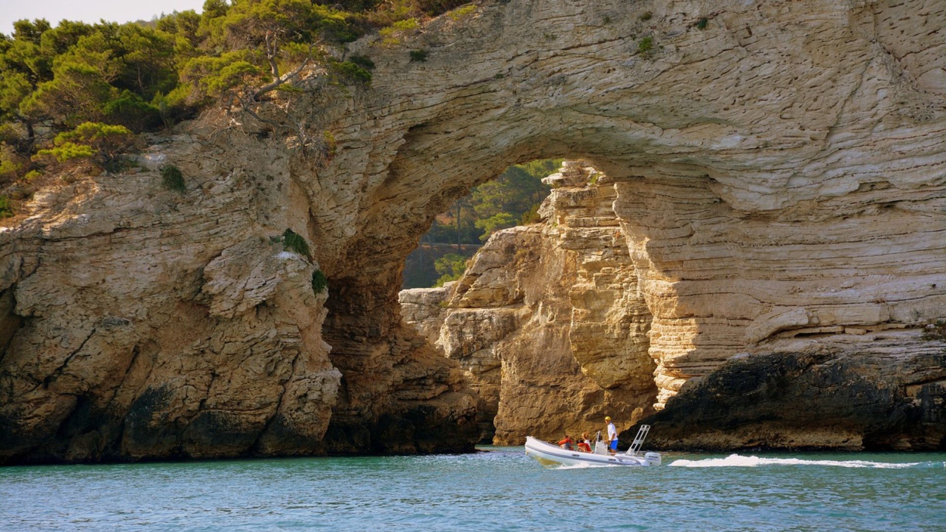 A boat passes under a natural rock archway in Gargano National Park, Italy. The archway is formed from layered, light-colored rock, and green trees grow atop and around it. The water is a deep blue, and the sky is not visible.