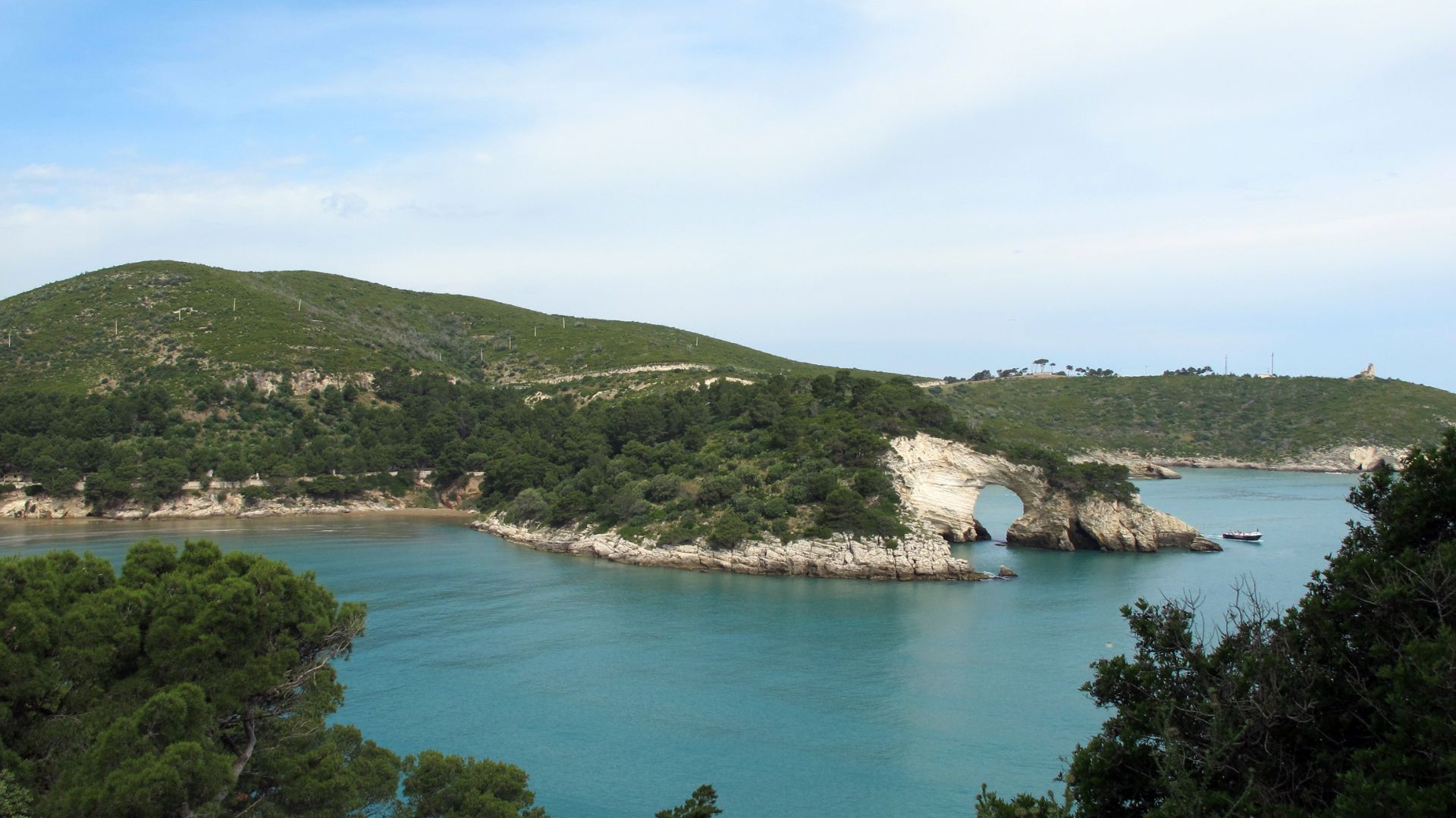 The image shows a coastal landscape featuring a natural arch formation, known as an arch or sea arch, in the Gargano National Park, located in the Apulia region of southeastern Italy.