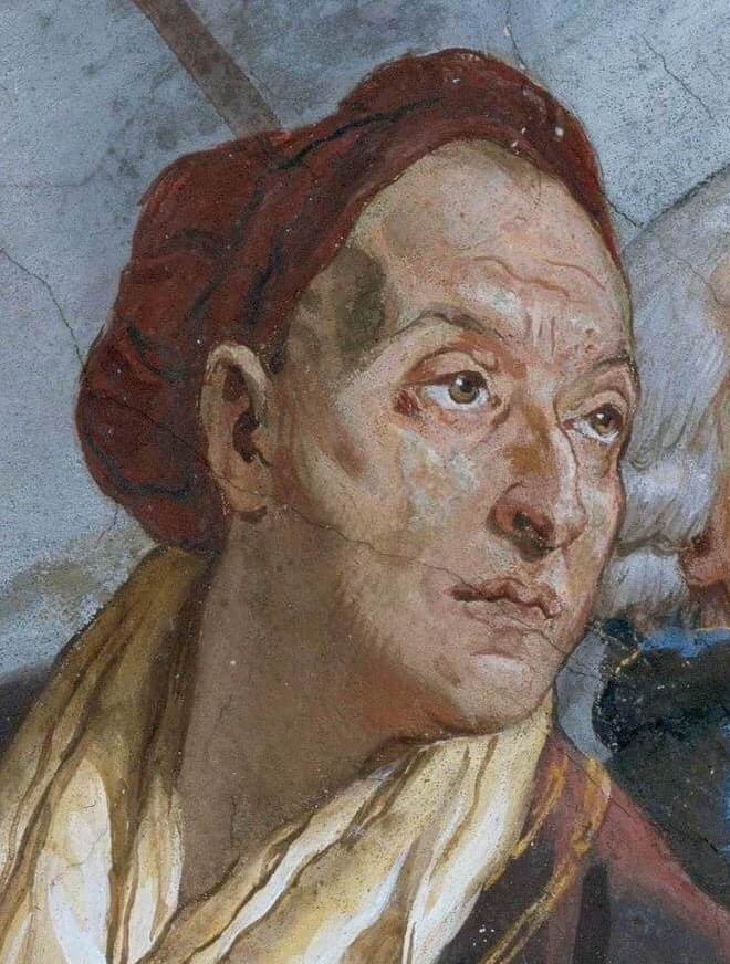 Portrait of Giovanni Battista Tiepolo, renowned Venetian painter, known for his frescoes in Udine Cathedral, showcasing his masterful Baroque artistry.
