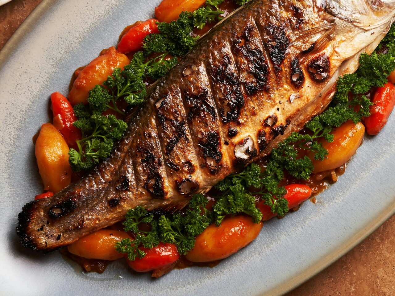 Grilled fish on platter