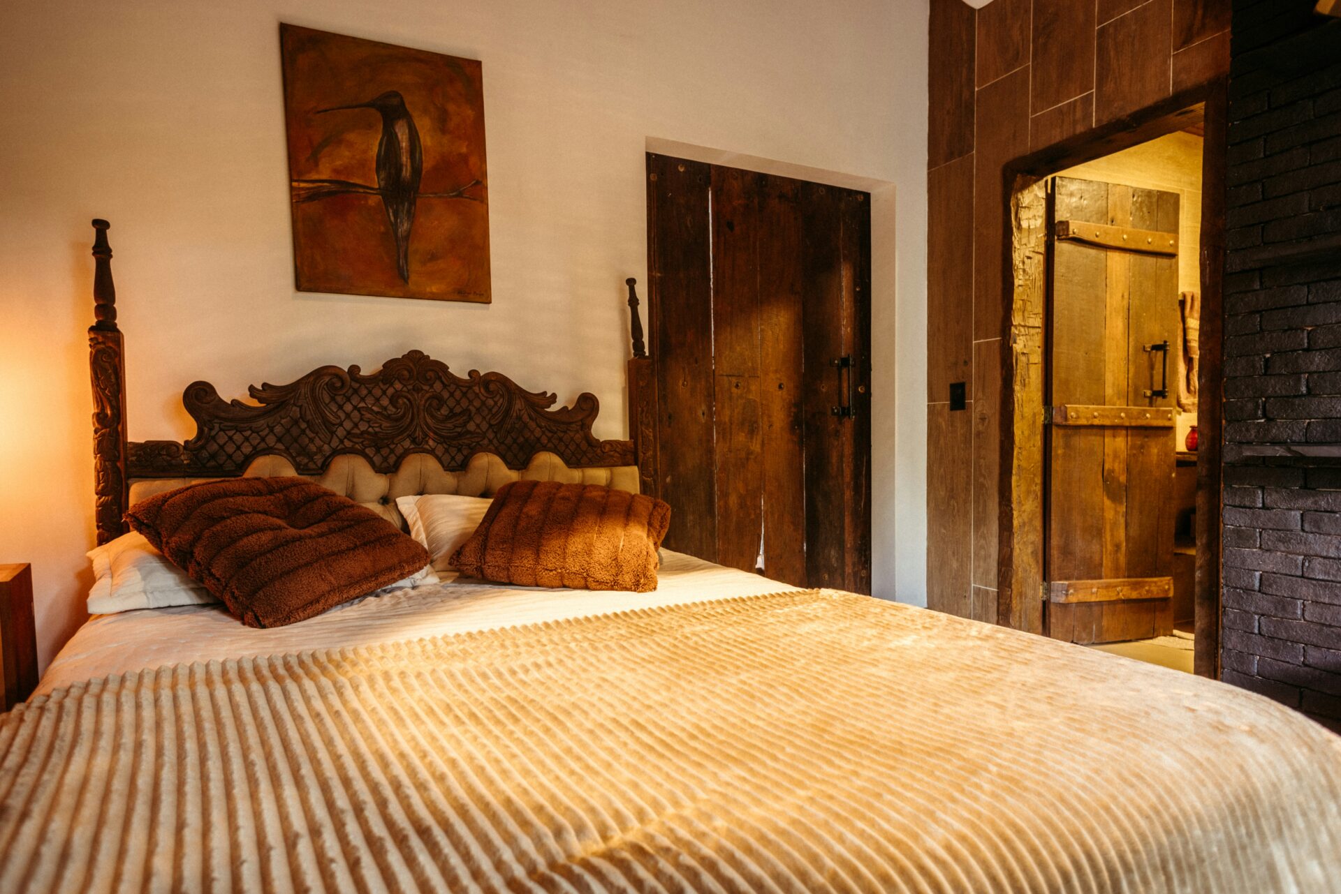 Hotel bedroom with wooden interior or rustic interior