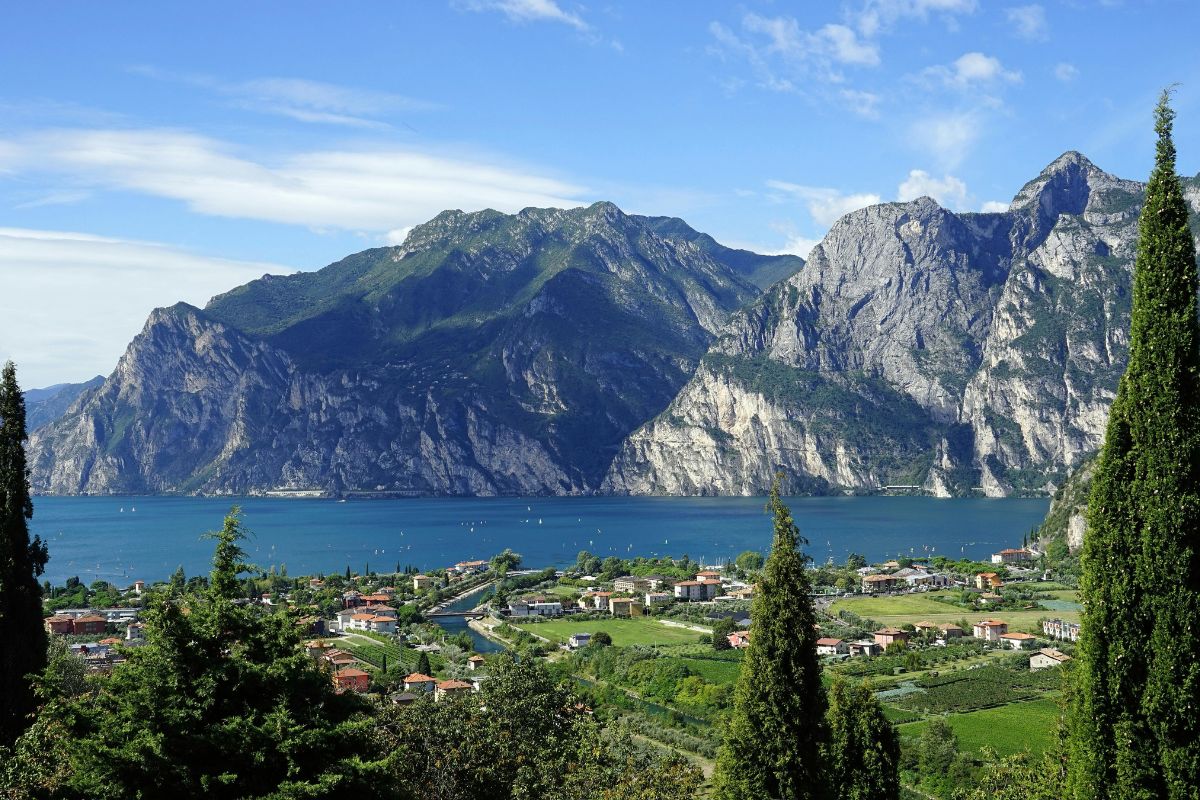 Lake Garda is shown with mountains in the background, a town nestled along the shore, and tall, slender trees in the foreground. The scene captures the natural beauty of the lake and its surrounding landscape.