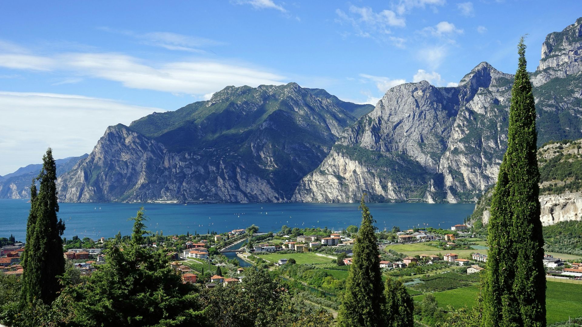 Lake Garda is shown with mountains in the background, a town nestled along the shore, and tall, slender trees in the foreground. The scene captures the natural beauty of the lake and its surrounding landscape.