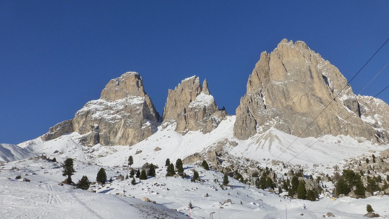 Langkofel - Langkofel Group in the Dolomites in South Tyrol, Italy. Snow-covered mountain range.