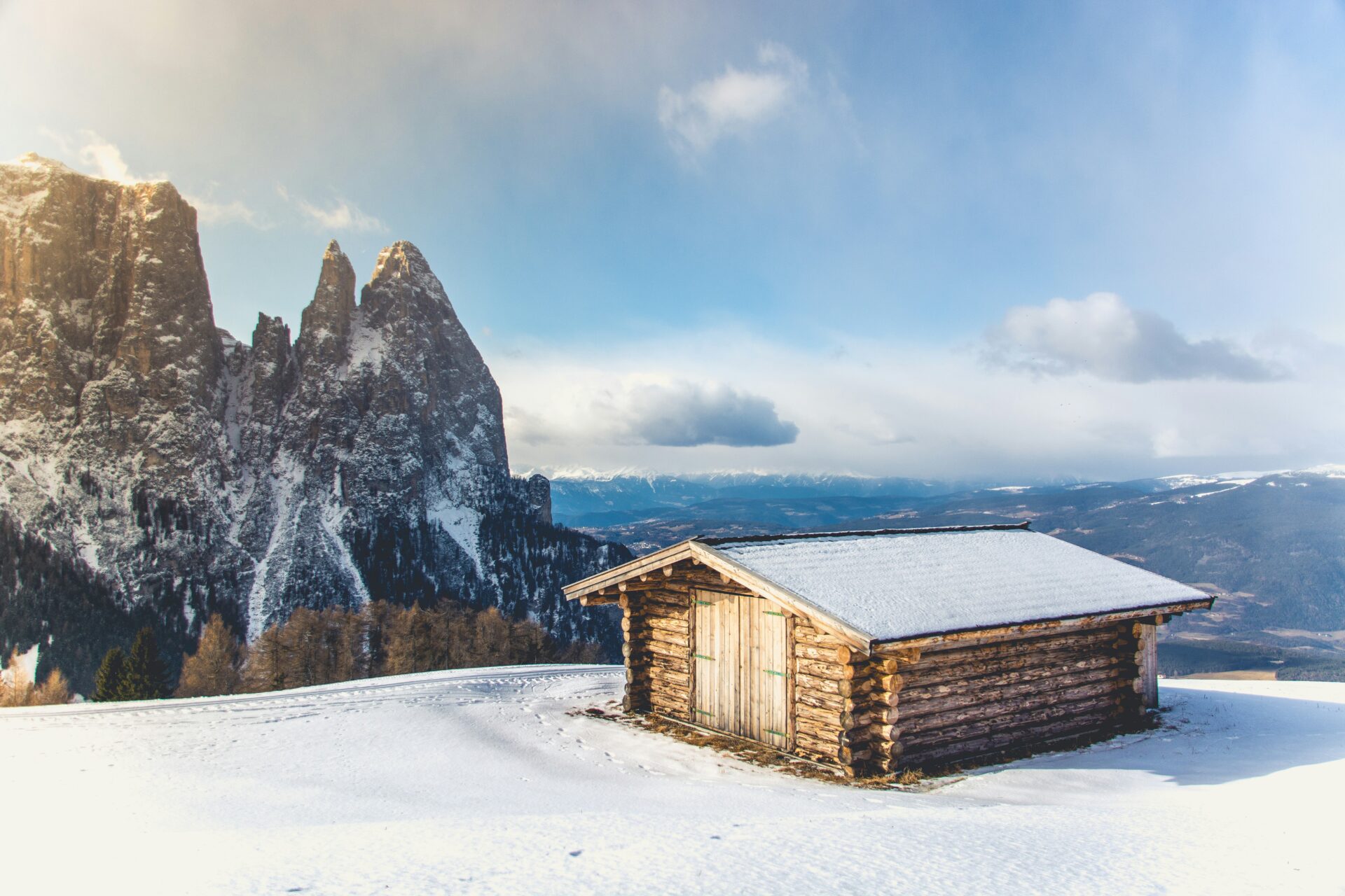 Mountain hut or wood cabin in Alpe di Siusi, Compaccio, Italy.
