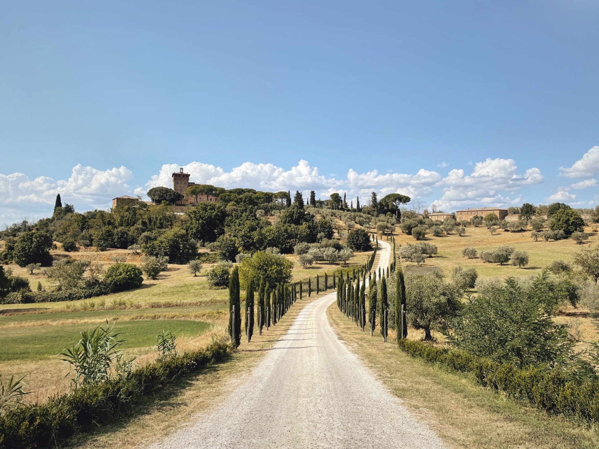 Scenic view of Pienza overlooking the rolling hills of Val d'Orcia, with Bagno Vignoni nestled in the distance amidst the Tuscan landscape.