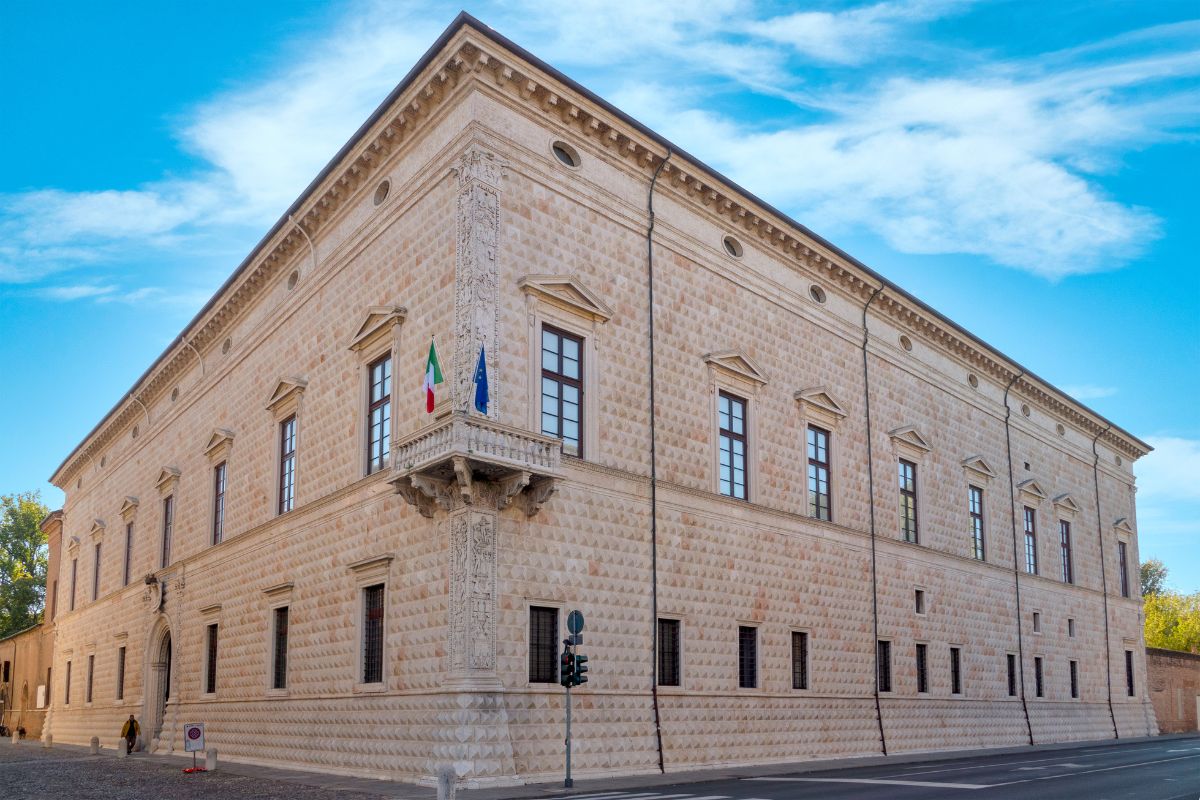Image of The Palazzo dei Diamanti showcasing its diamond shape marbled walls. 