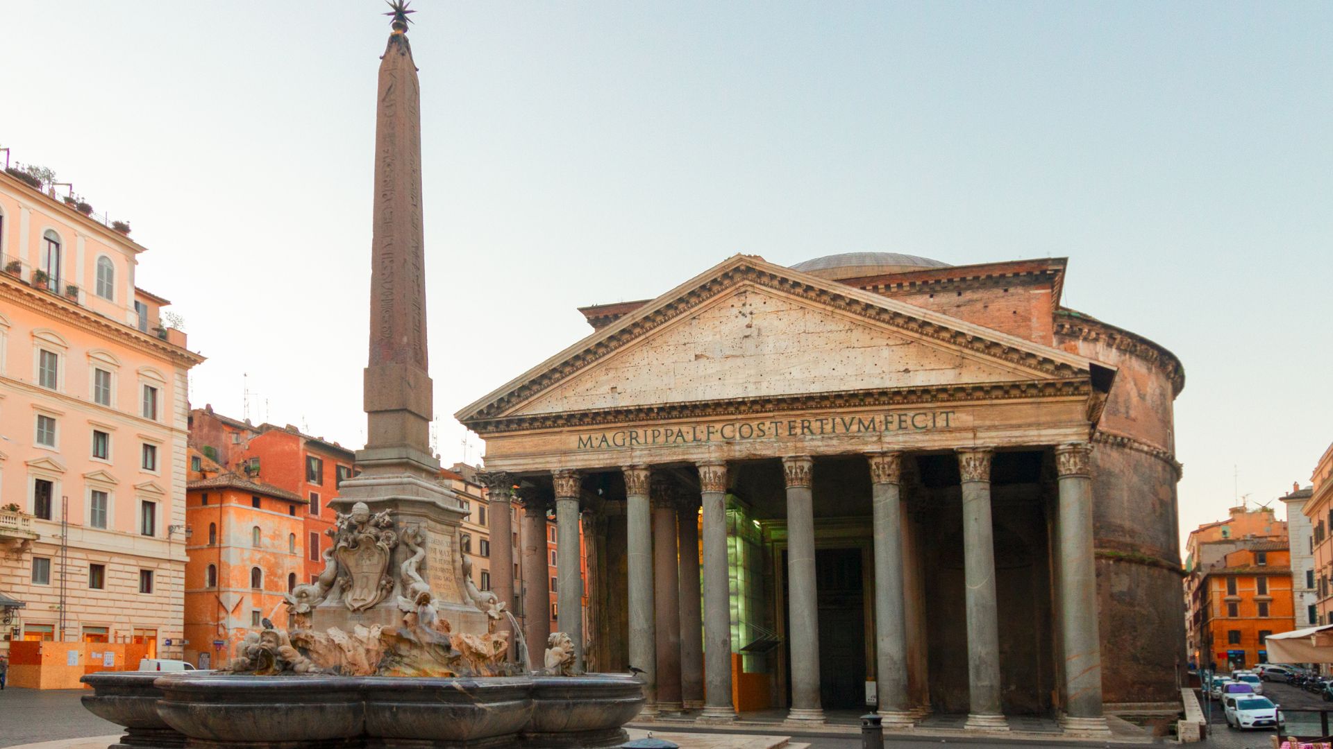 Image of the Pantheon in Rome with the fountain in front of it. 