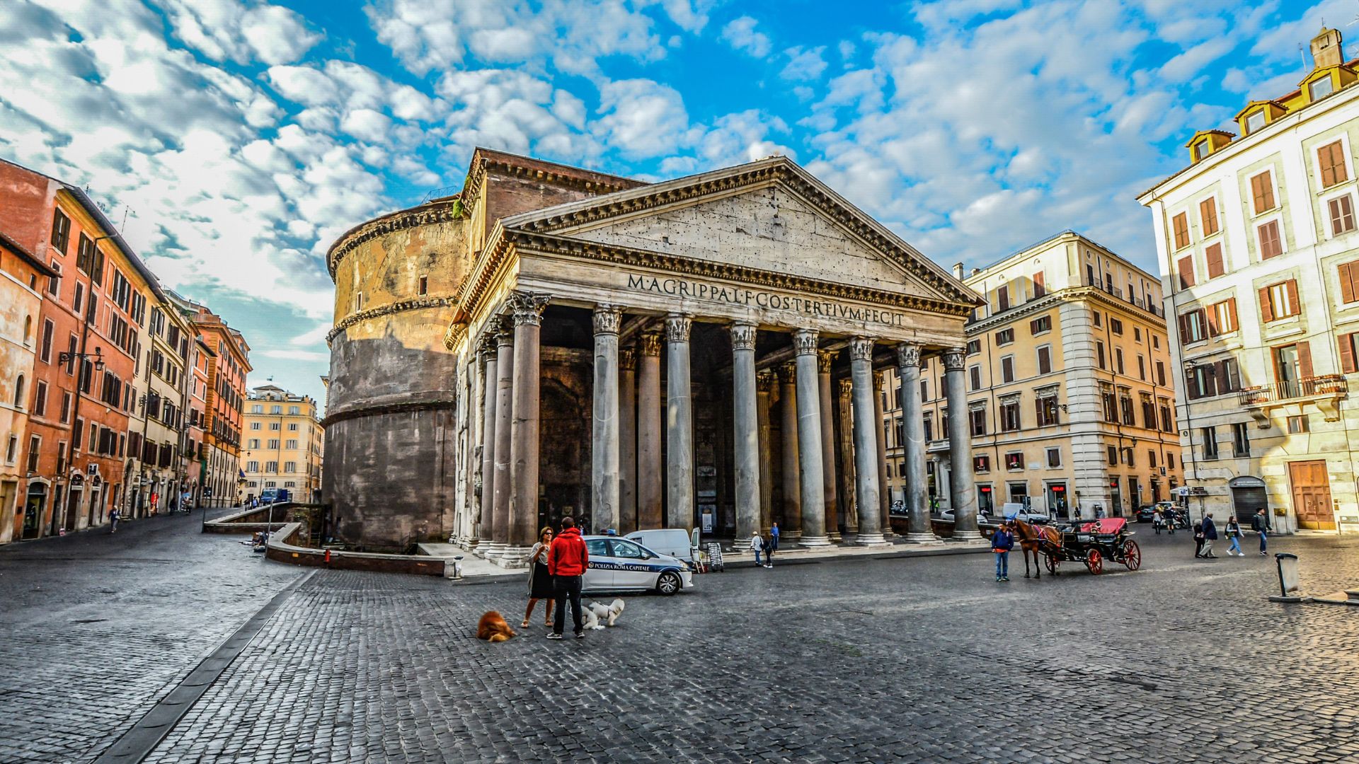 Image of the Pantheon in Rome outside with its neighboring buildings