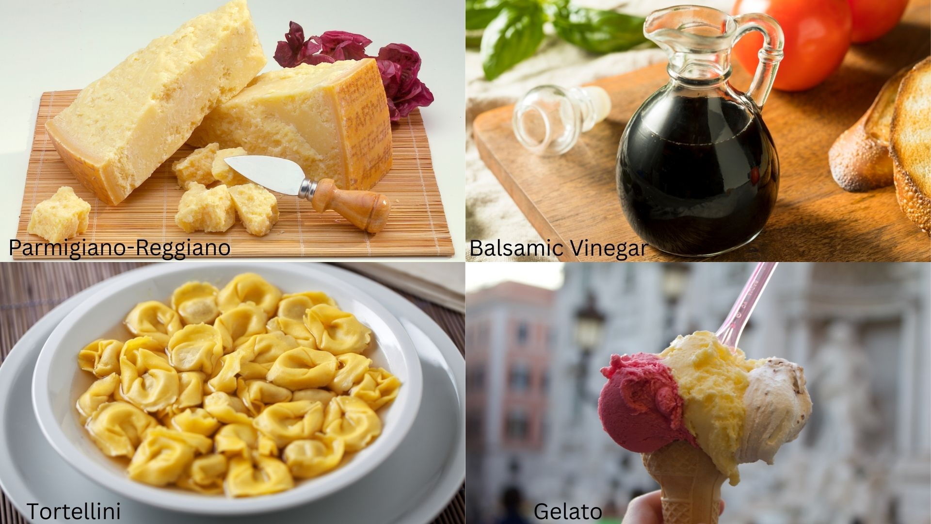 Collage image of Parmigiano-Reggiano, Balsamic Vinegar, Tortellini, Gelato