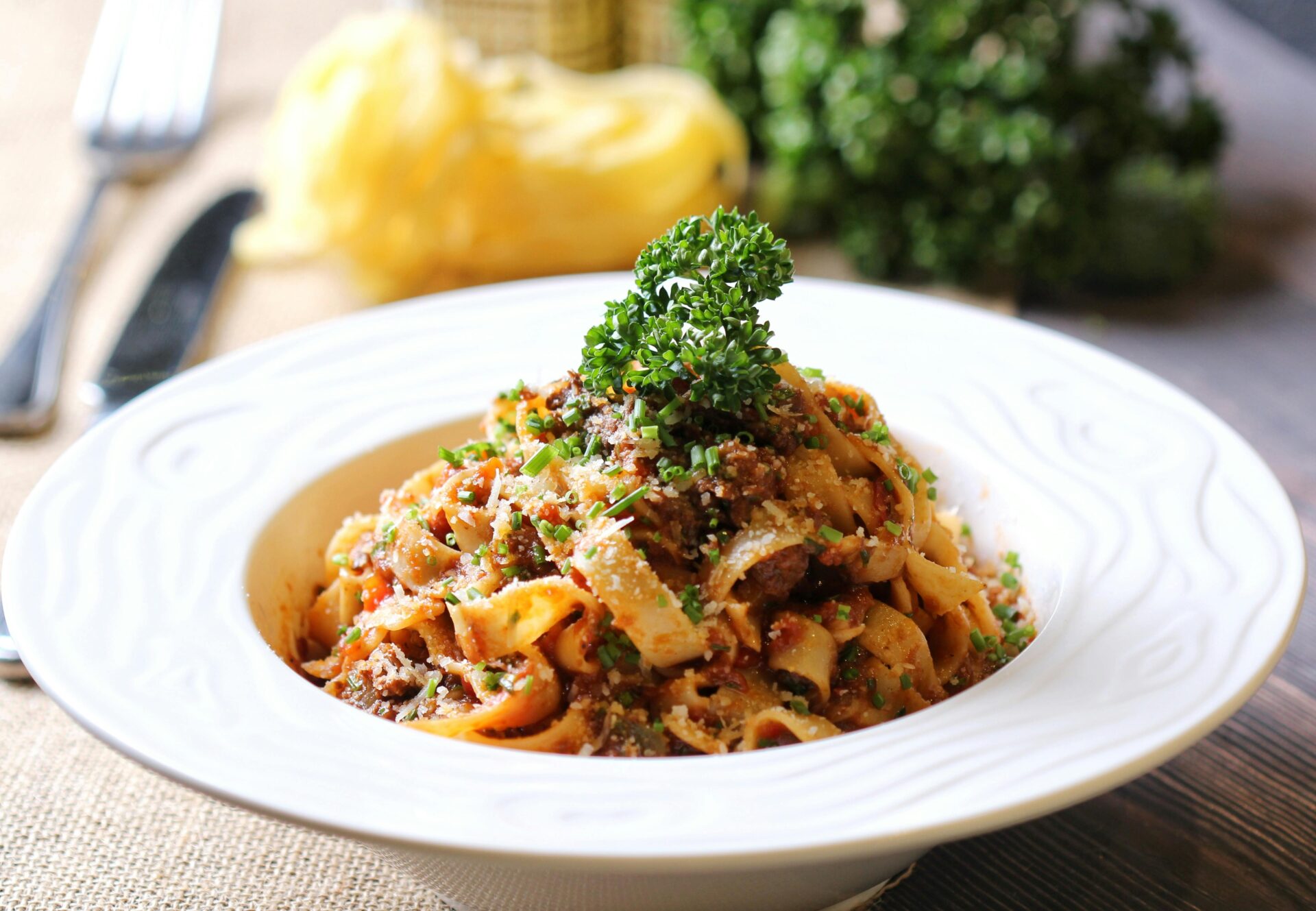 Pasta Bolognese Dish on White Ceramic Bowl - Italian cuisine