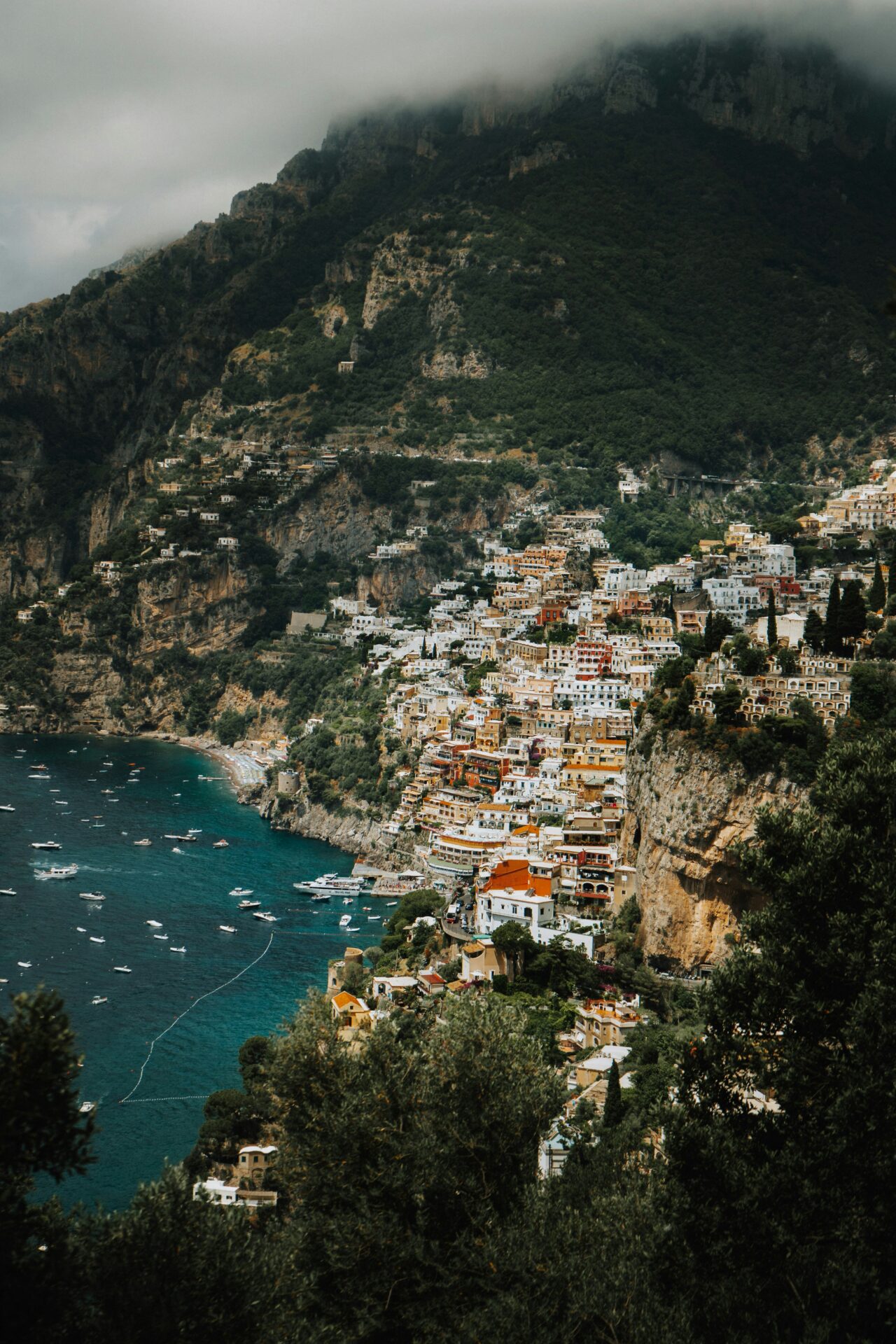 View of Positano from the Path of the Gods hike in Amalfi coast, Italy.