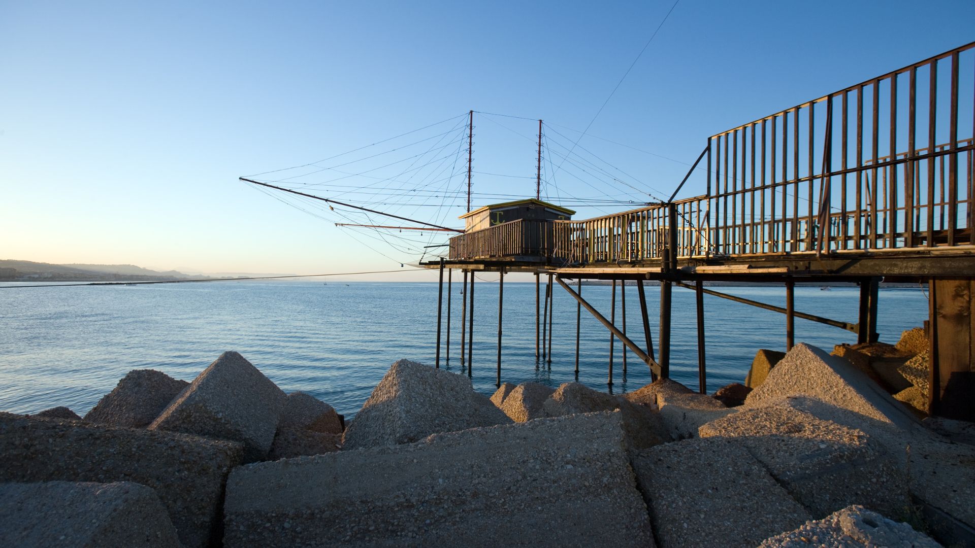 Image shows a fishing platform Trabocchi in Pescara, Italy.