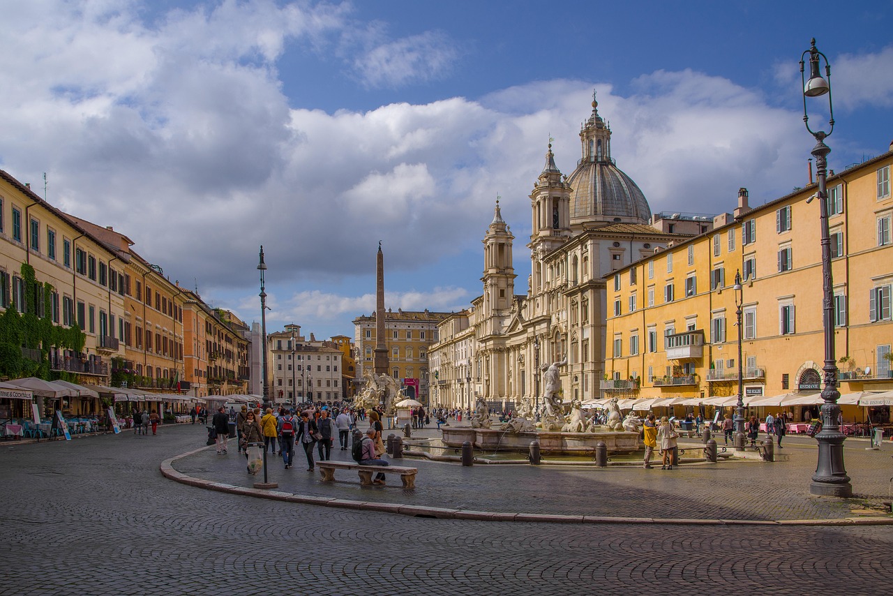 Piazza Navona in Rome - fountain with ancient buildings 