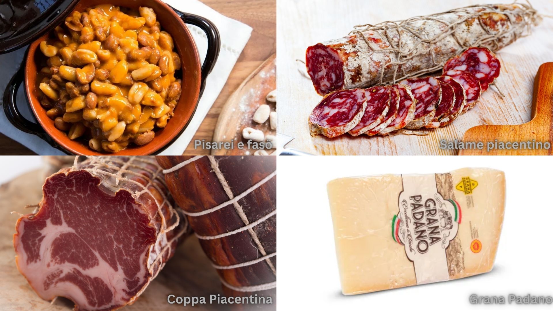 Collated image of Pisarei e fasö, Salame piacentino, Coppa Piacentina, Grana Padano, Piacenza, Italy