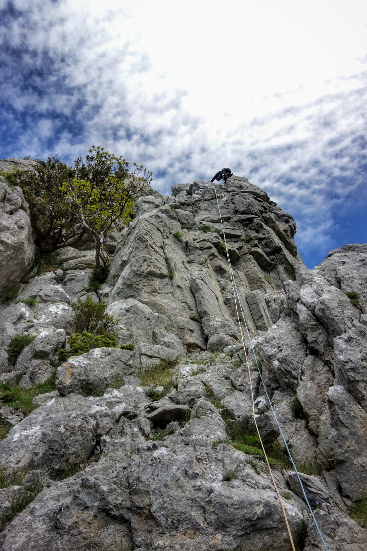 A rock climber scaling a steep limestone cliff in Pollino National Park