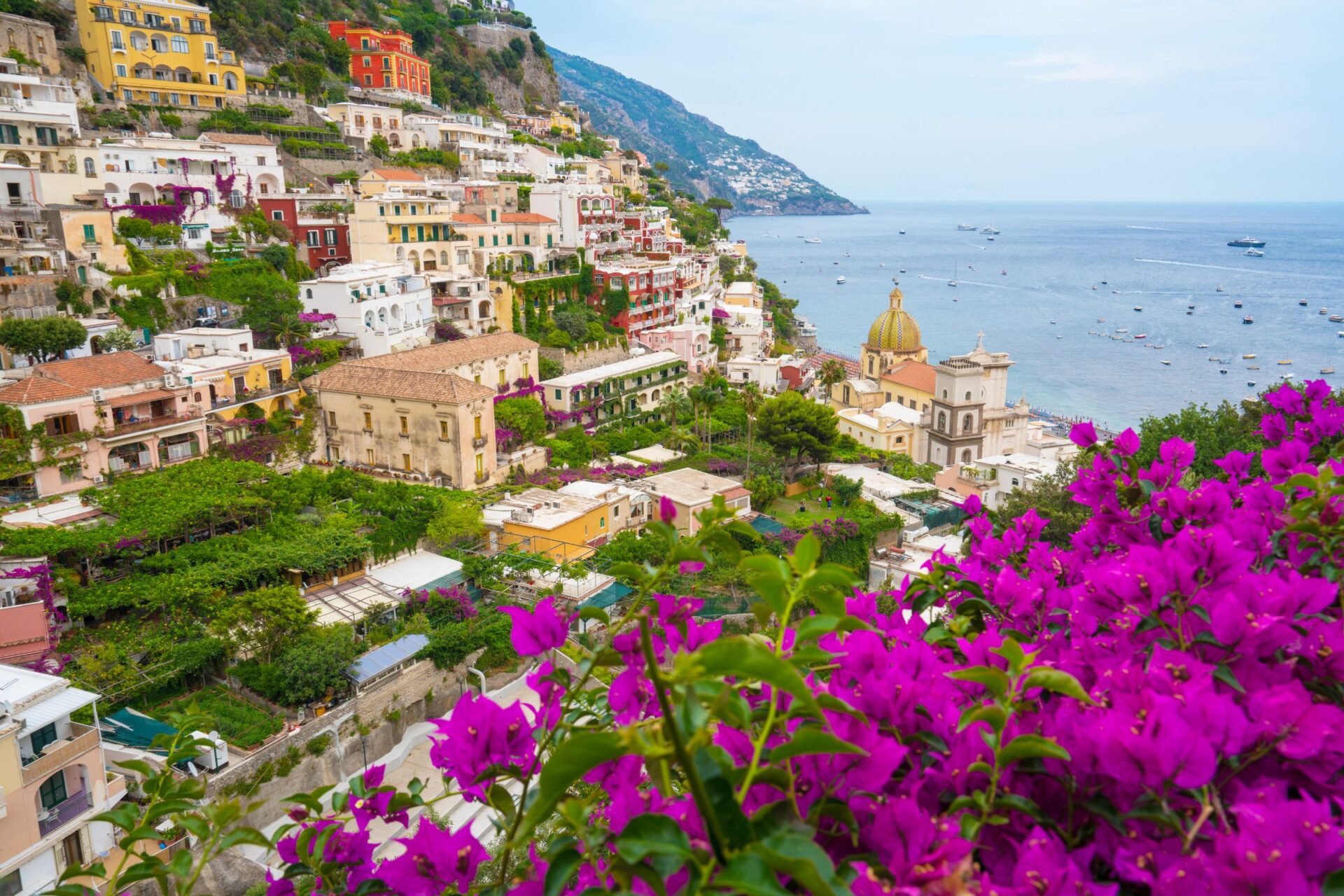 Positano with bougainvillea scene