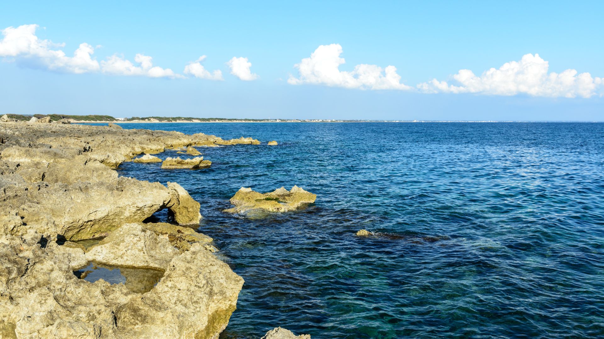 The image shows a rocky coastline and the sea at Punta Prosciutto, which is part of the Porto Cesareo Marine Protected Area (MPA) in Puglia, Italy.
