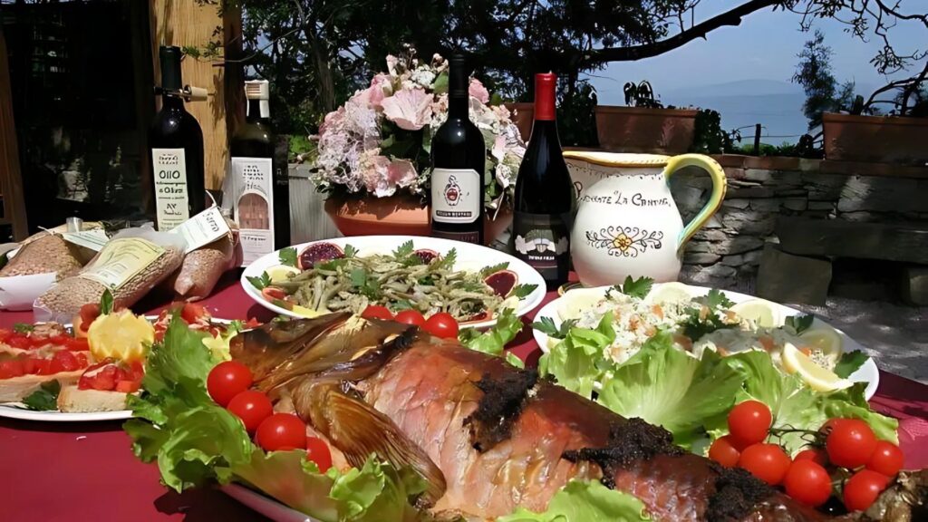 Image of Ristorante La Cantina's dishes and wine in a table.