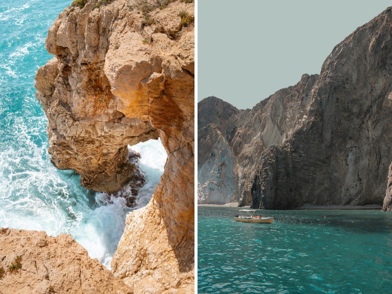 Splash of water with cliff - part of a cove - boat is seen near lagoon