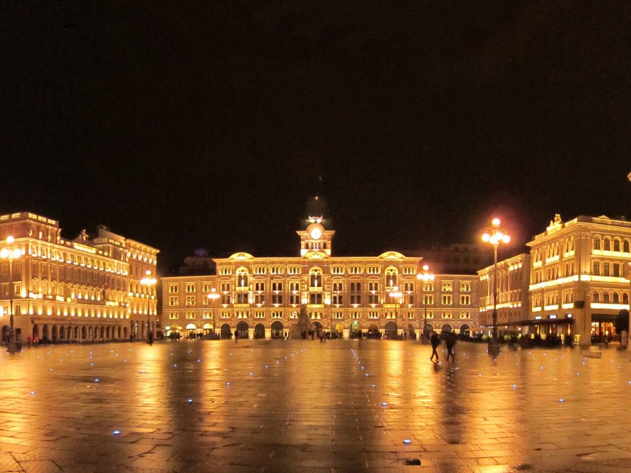 Square at night in Trieste, Italy 